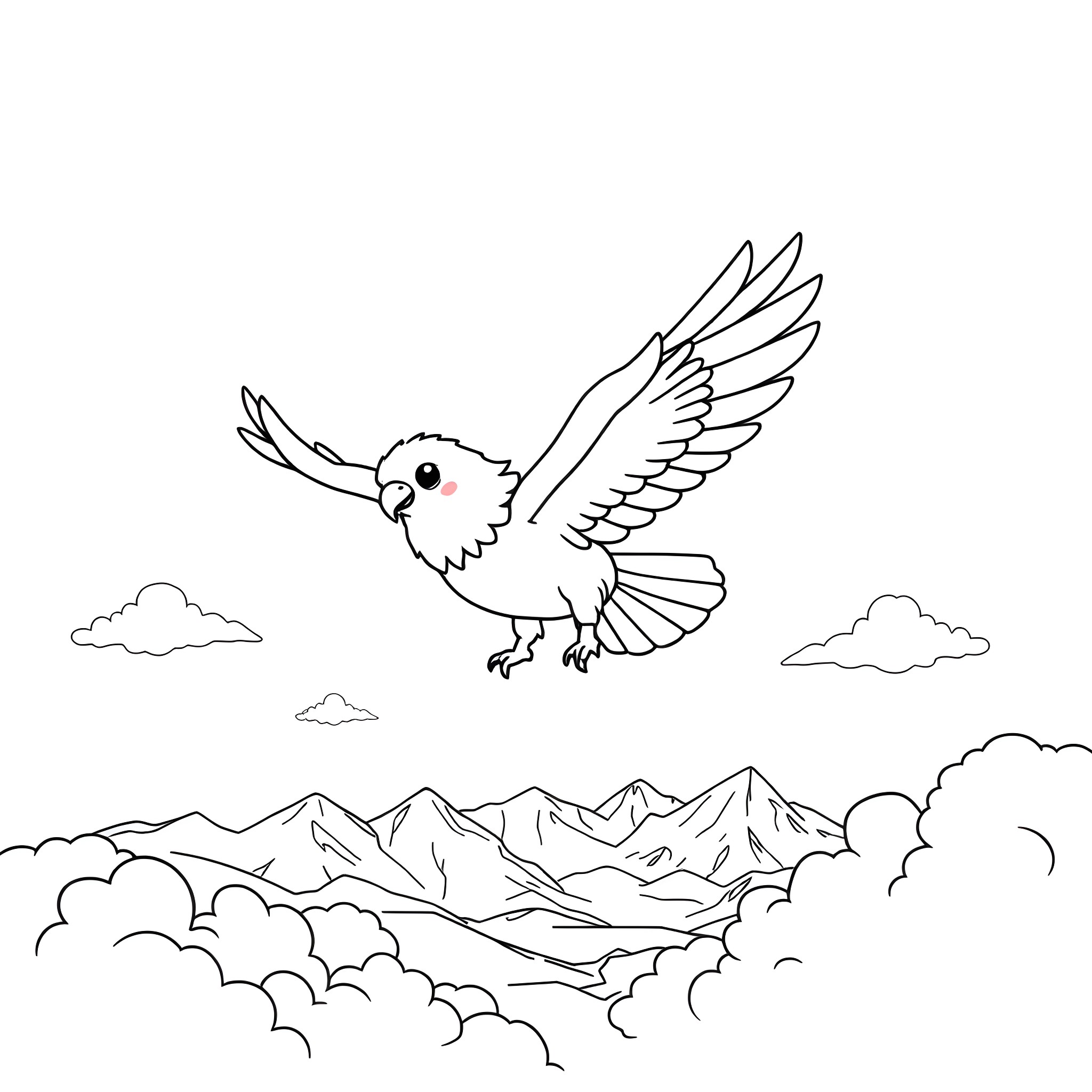 Eagle soaring gracefully over mountain landscape Coloring Page (free black-and-white line drawing printable PDF for all, from beginners to advanced learners, including children, teens, adults, and seniors)