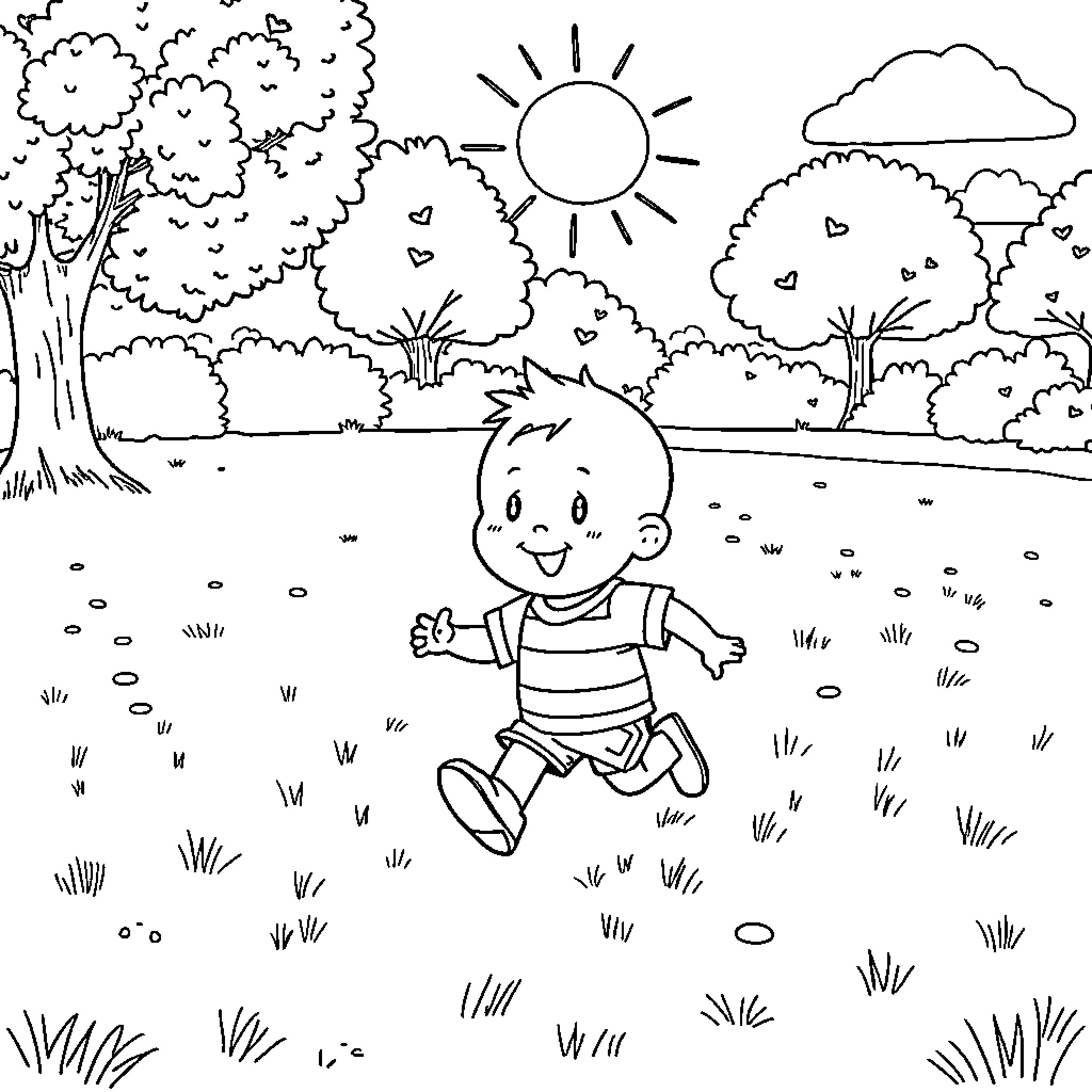 Caillou enjoying a sunny day in the park Coloring Page (free black-and-white line drawing printable PDF for all, from beginners to advanced learners, including children, teens, adults, and seniors)