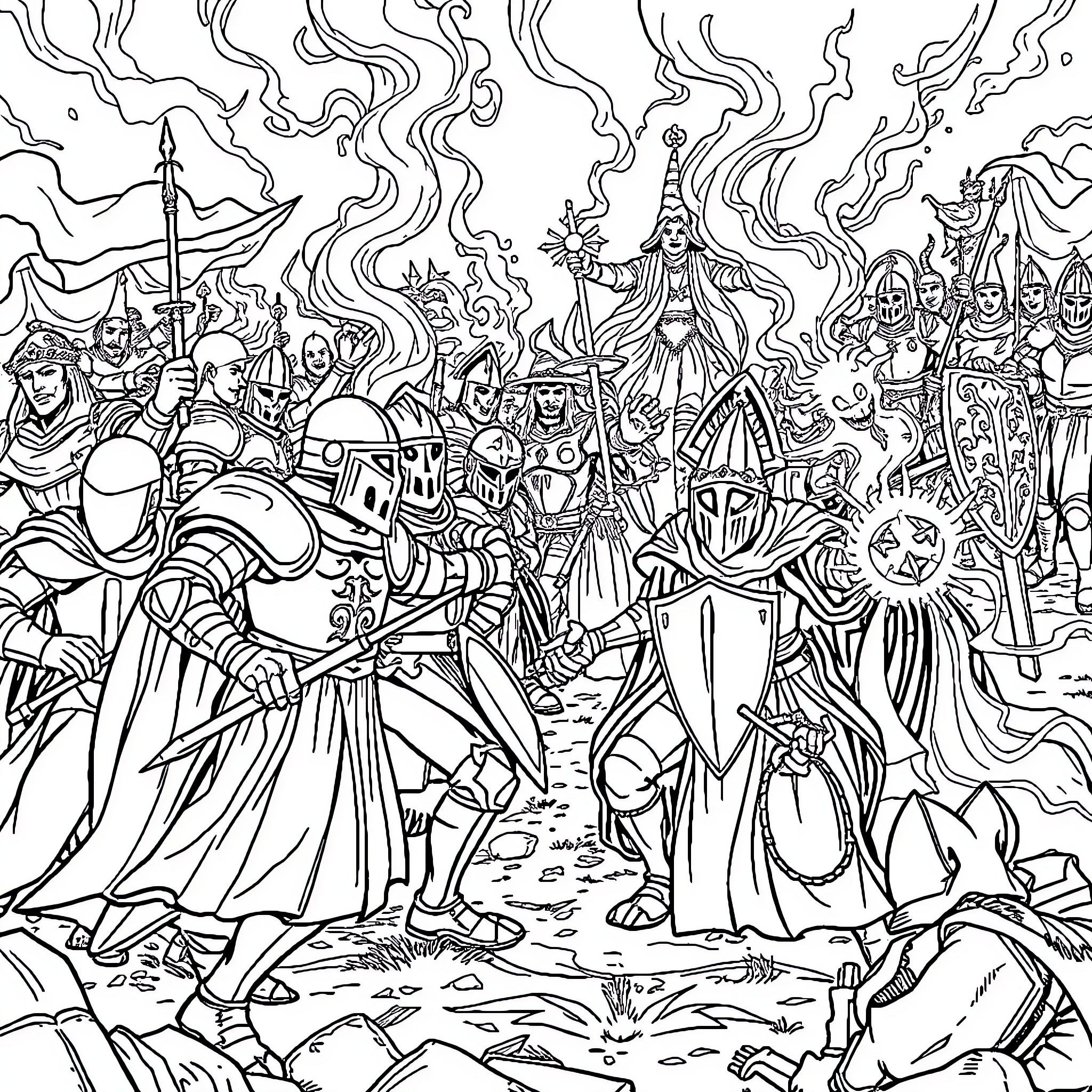 Knight's Epic Battle with Mystical Creatures Coloring Page (free black-and-white line drawing printable PDF for all, from beginners to advanced learners, including children, teens, adults, and seniors)