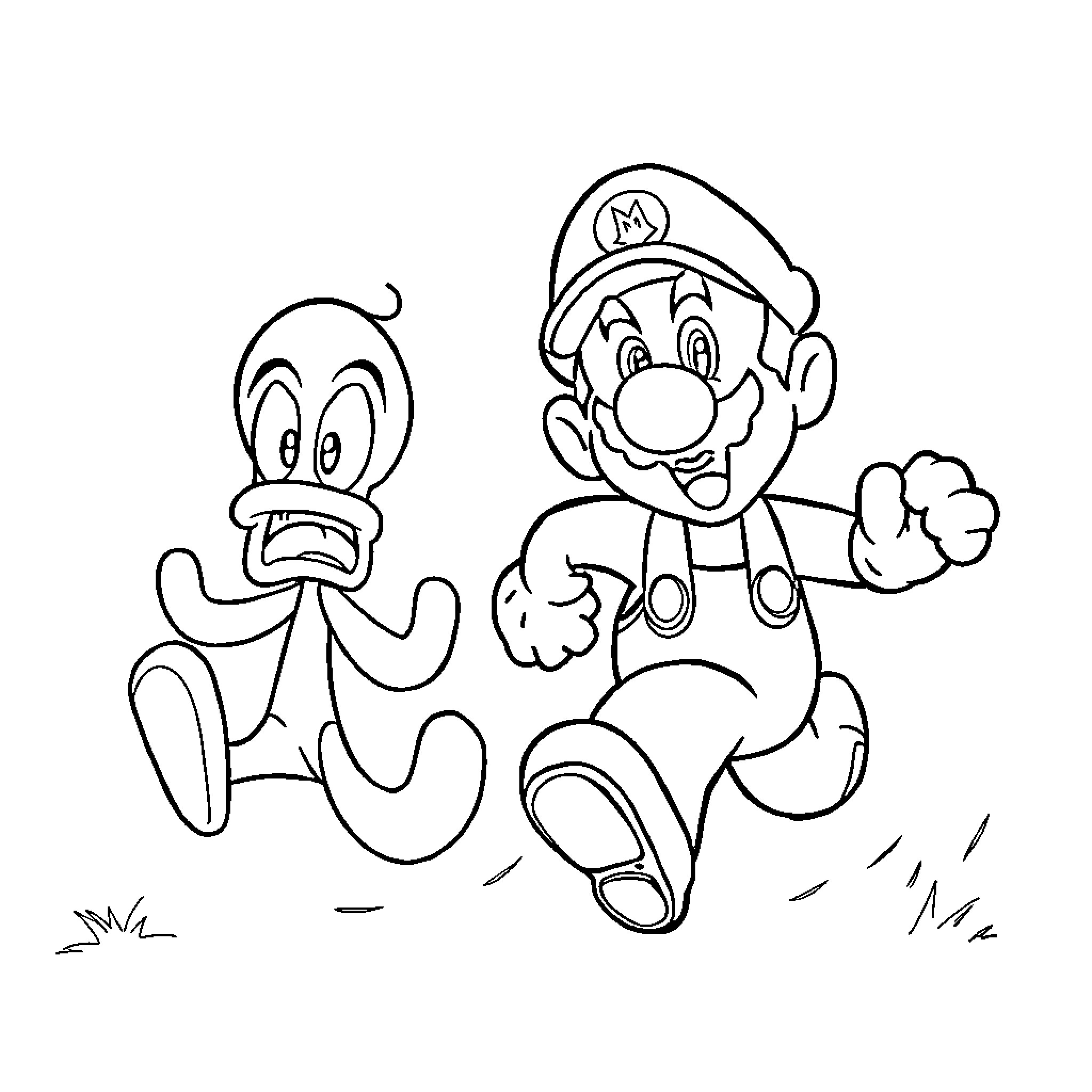 Super Mario and Goomba in Cartoon Adventure Coloring Page (free black-and-white line drawing printable PDF for all, from beginners to advanced learners, including children, teens, adults, and seniors)