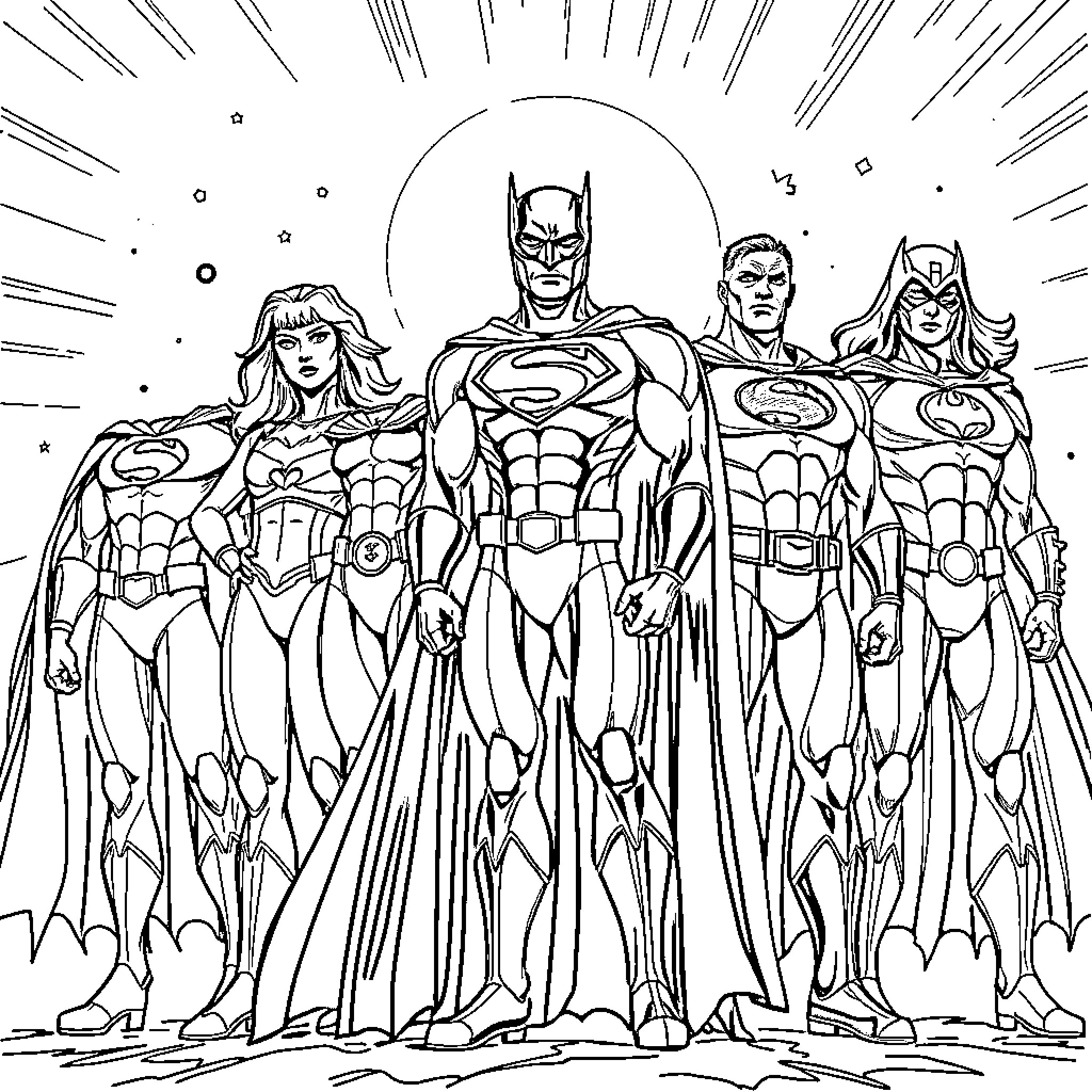 Justice League Heroes in Action Poses Coloring Page (free black-and-white line drawing printable PDF for all, from beginners to advanced learners, including children, teens, adults, and seniors)
