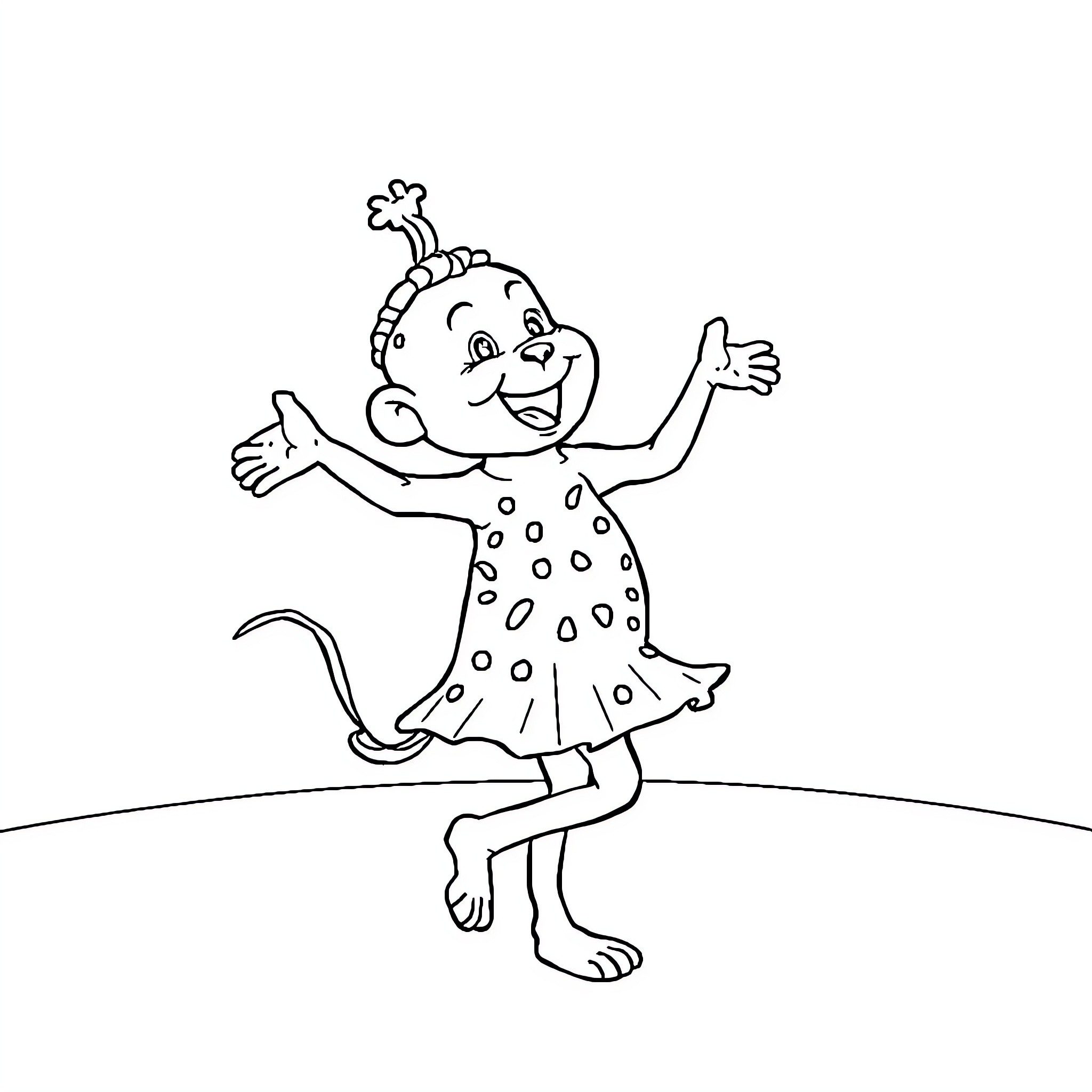 Labubu dancing happily in a dotted dress Coloring Page (free black-and-white line drawing printable PDF for all, from beginners to advanced learners, including children, teens, adults, and seniors)