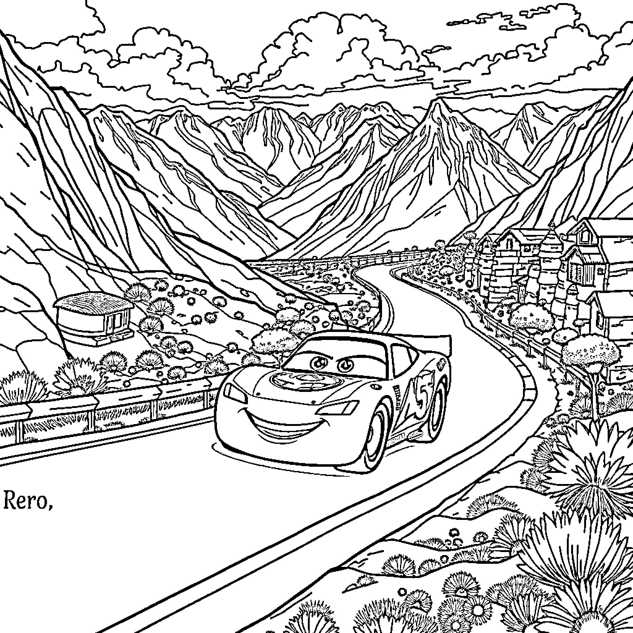Rayo McQueen racing through a scenic mountain landscape Coloring Page (free black-and-white line drawing printable PDF for all, from beginners to advanced learners, including children, teens, adults, and seniors)