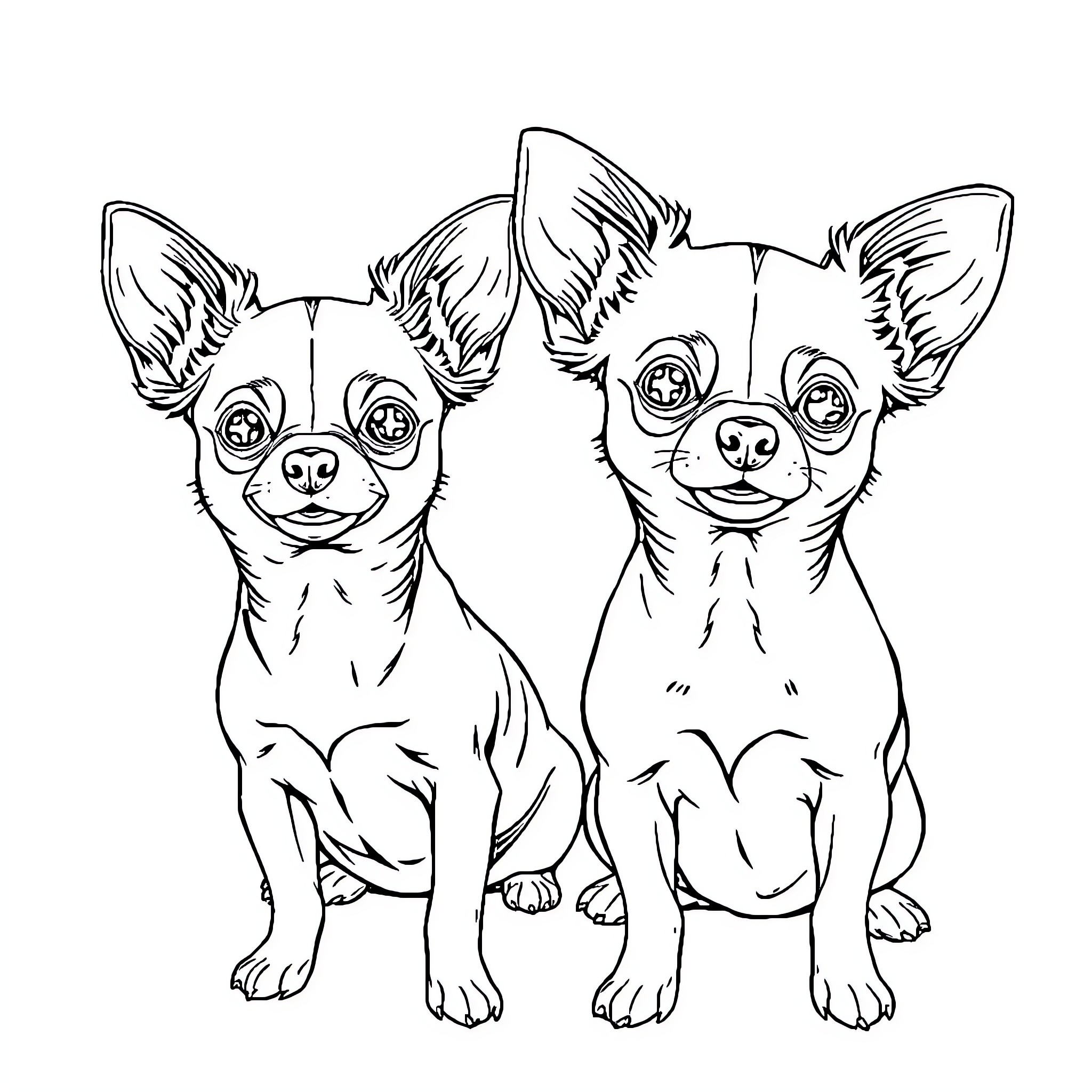 Chihuahuas with Quirky Expressions Coloring Page (free black-and-white line drawing printable PDF for all, from beginners to advanced learners, including children, teens, adults, and seniors)