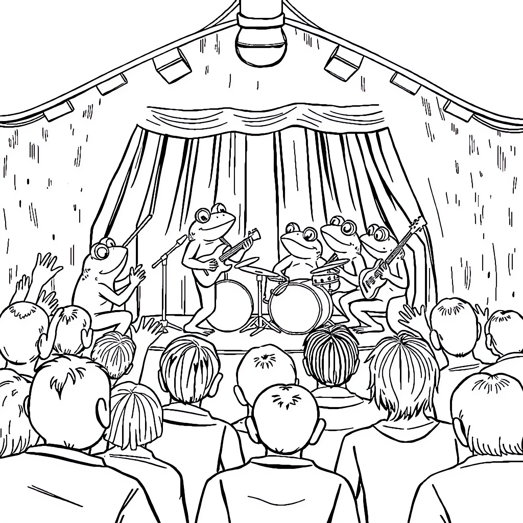 Frog band performing on stage for audience Coloring Page (free black-and-white line drawing printable PDF for all, from beginners to advanced learners, including children, teens, adults, and seniors)