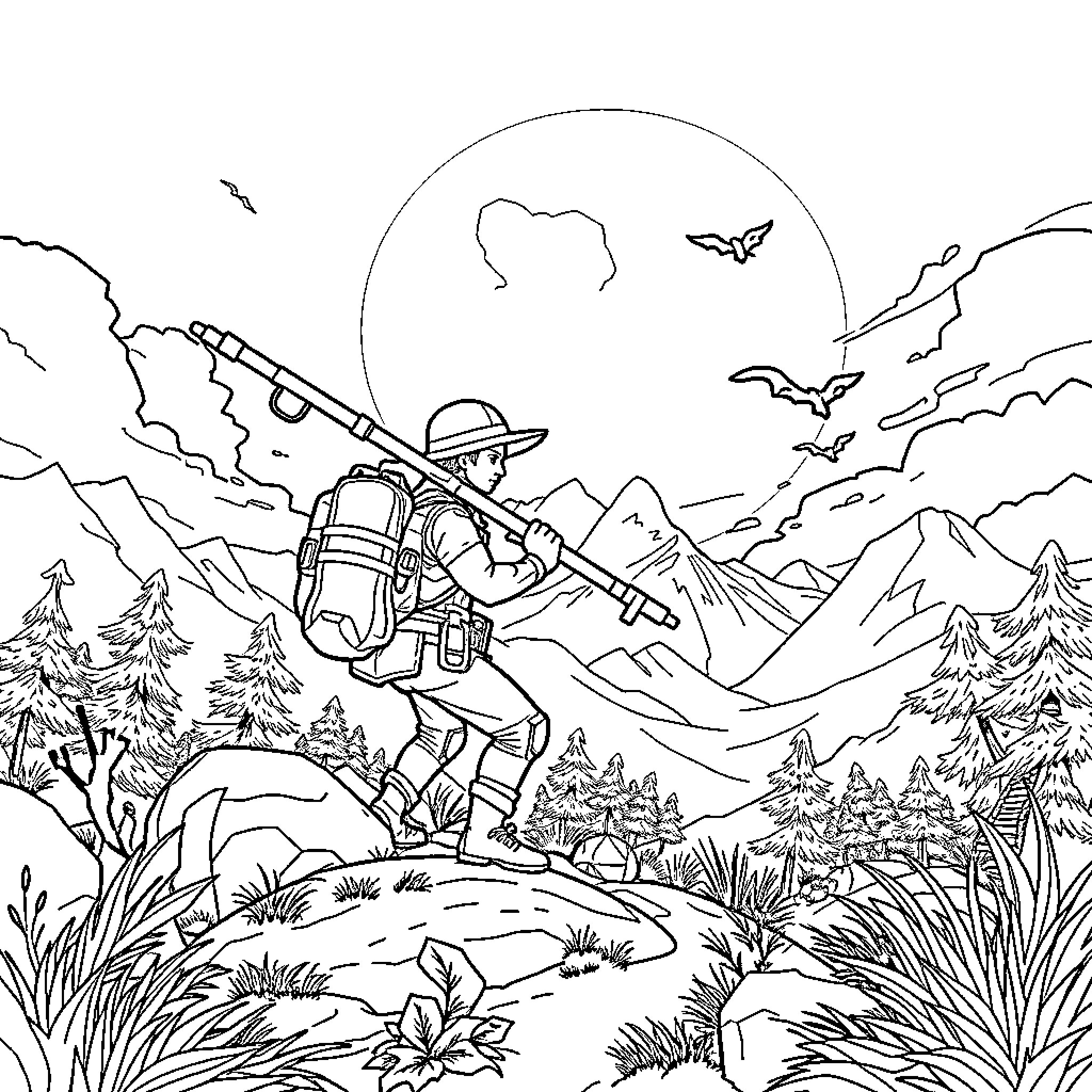 Huntrix exploring the mysterious mountain landscape Coloring Page (free black-and-white line drawing printable PDF for all, from beginners to advanced learners, including children, teens, adults, and seniors)