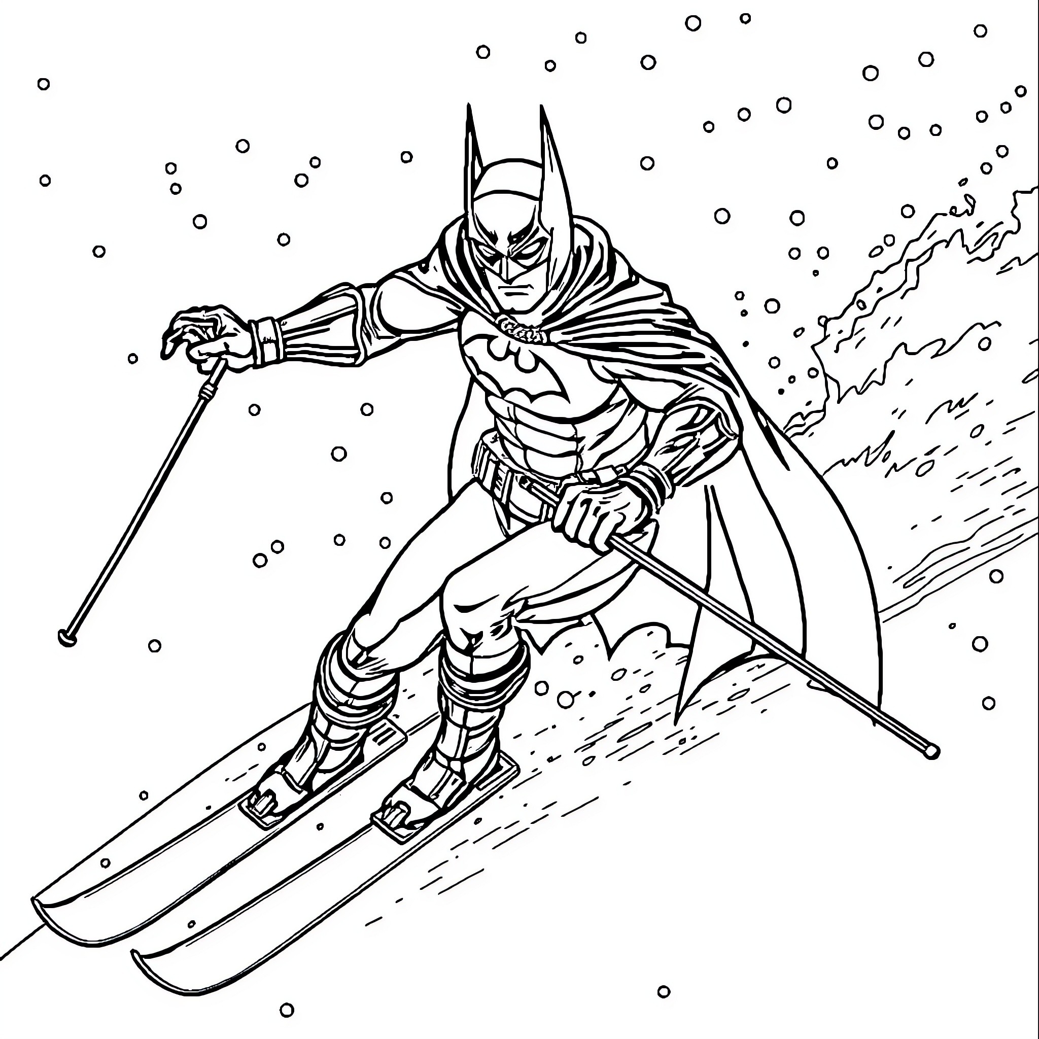 Batman skiing through the snowy mountain Coloring Page (free black-and-white line drawing printable PDF for all, from beginners to advanced learners, including children, teens, adults, and seniors)