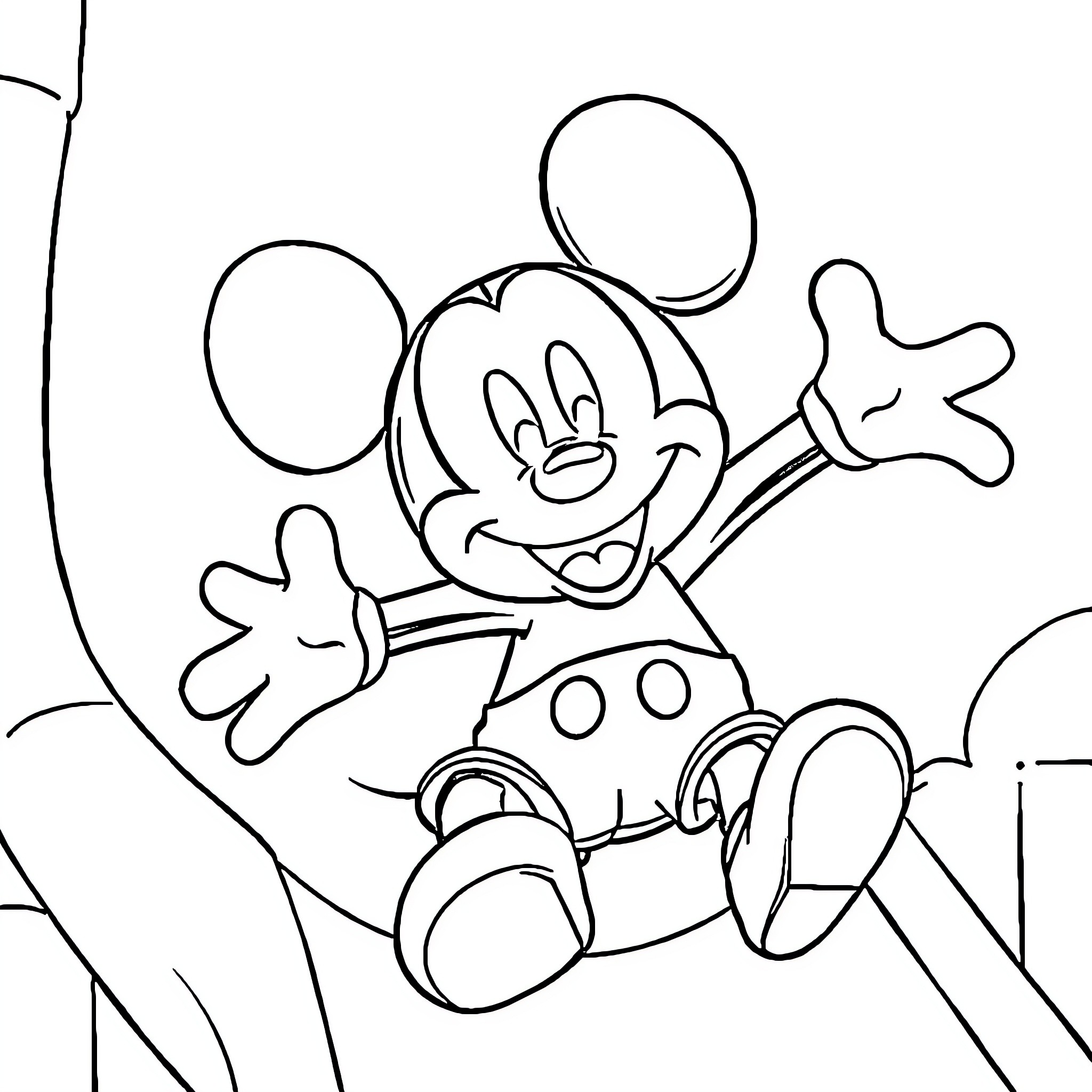 Mickey Mouse waving happily in a coloring page Coloring Page (free black-and-white line drawing printable PDF for all, from beginners to advanced learners, including children, teens, adults, and seniors)