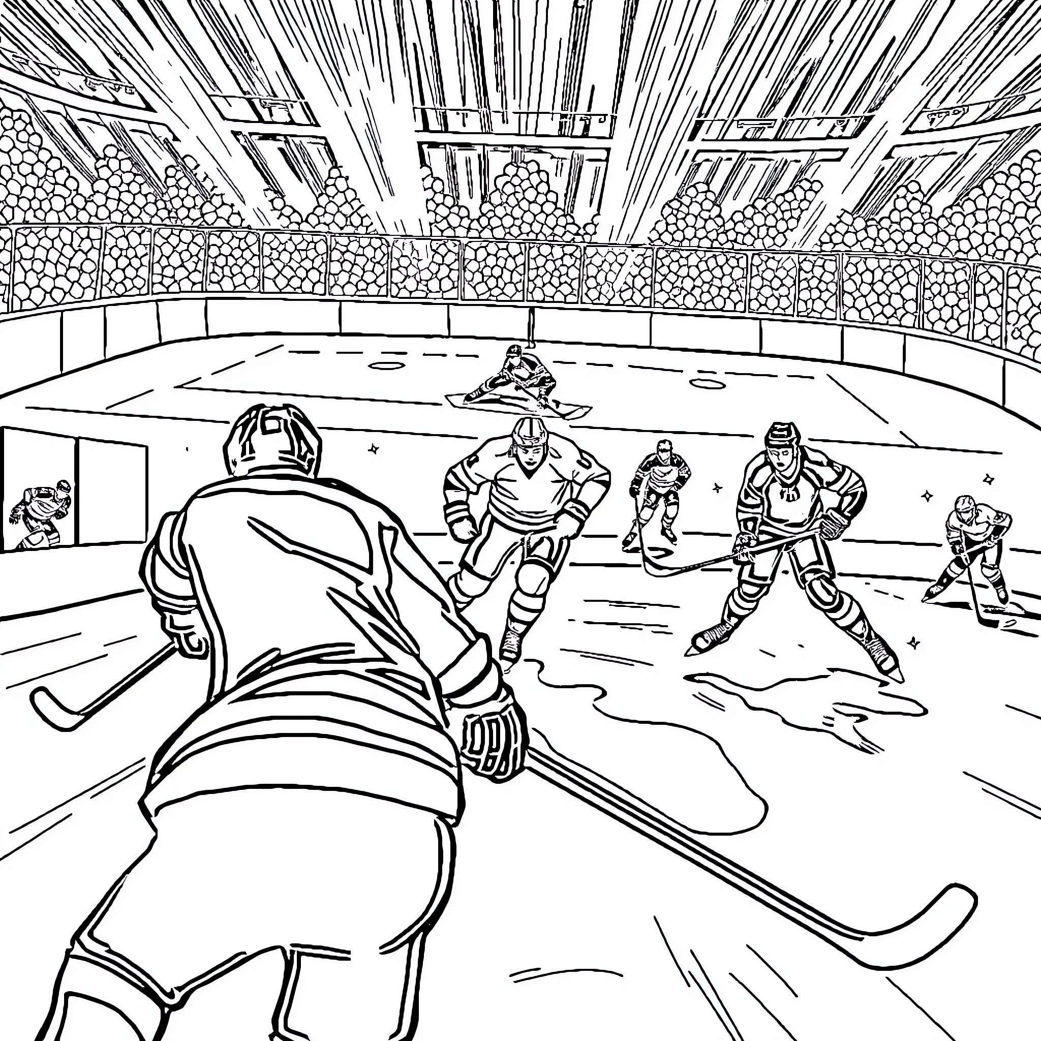 Hockey Players Competing Fiercely on the Ice Coloring Page (free black-and-white line drawing printable PDF for all, from beginners to advanced learners, including children, teens, adults, and seniors)