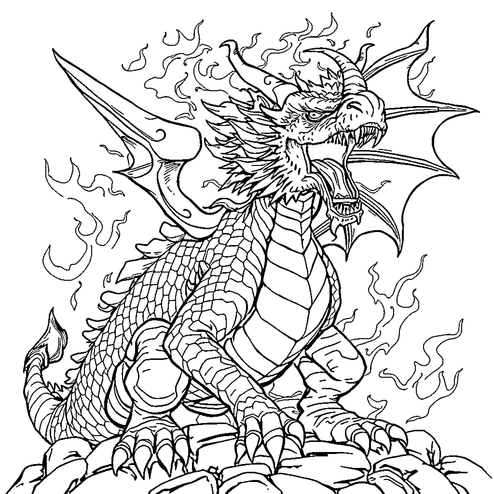 Dragon unleashing fiery fury Coloring Page (free black-and-white line drawing printable PDF for all, from beginners to advanced learners, including children, teens, adults, and seniors)