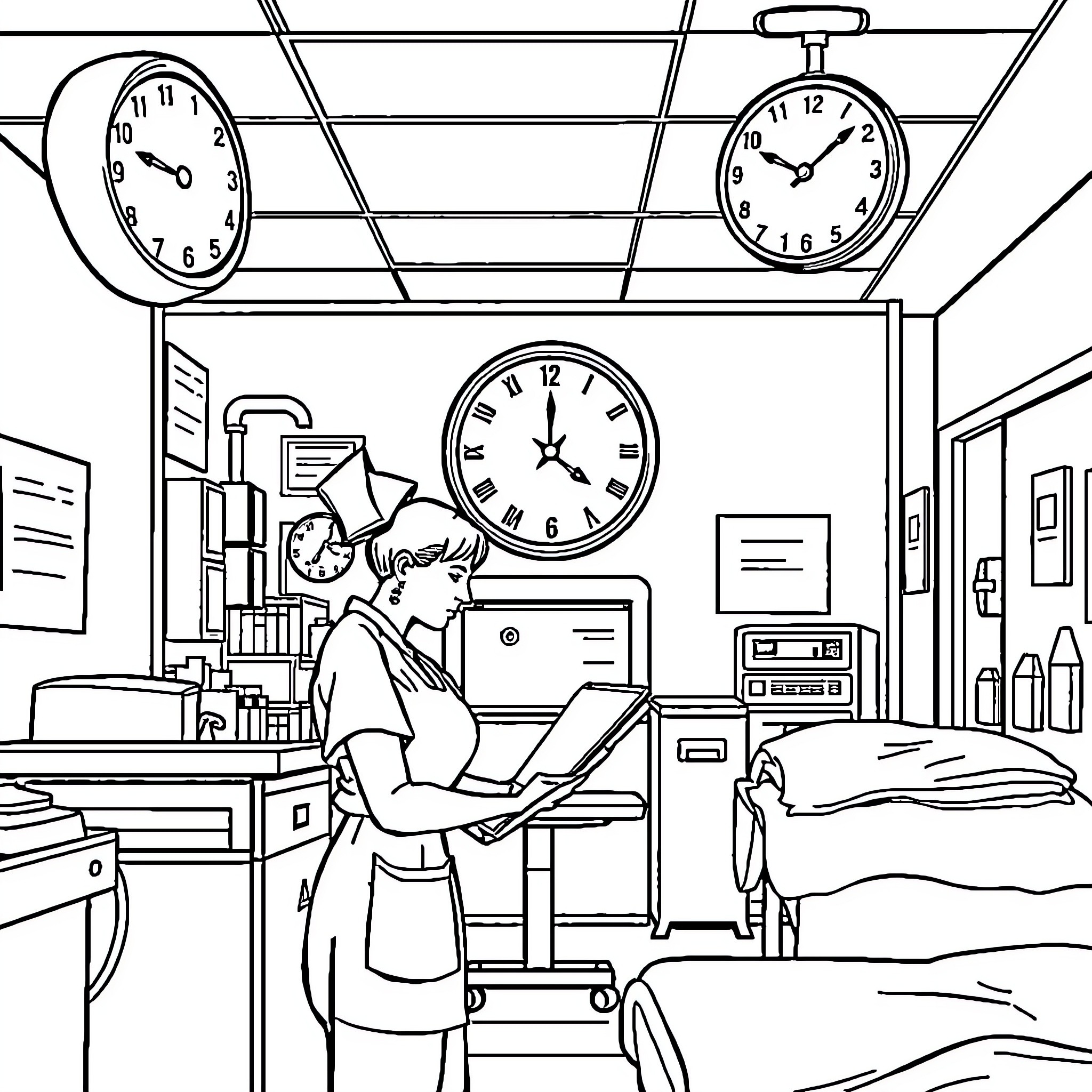 Nurse working diligently in hospital ward Coloring Page (free black-and-white line drawing printable PDF for all, from beginners to advanced learners, including children, teens, adults, and seniors)