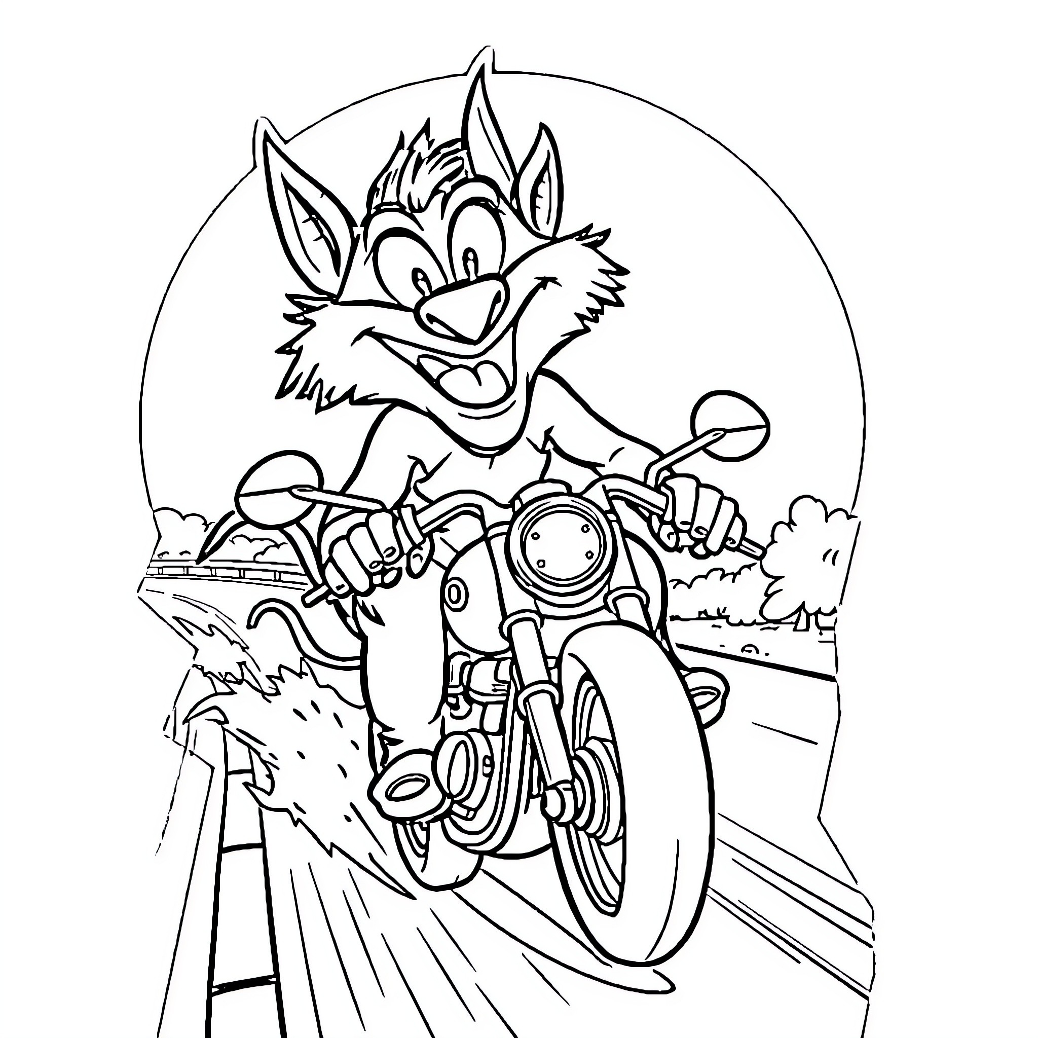 Taz riding a motorcycle on the road Coloring Page (free black-and-white line drawing printable PDF for all, from beginners to advanced learners, including children, teens, adults, and seniors)