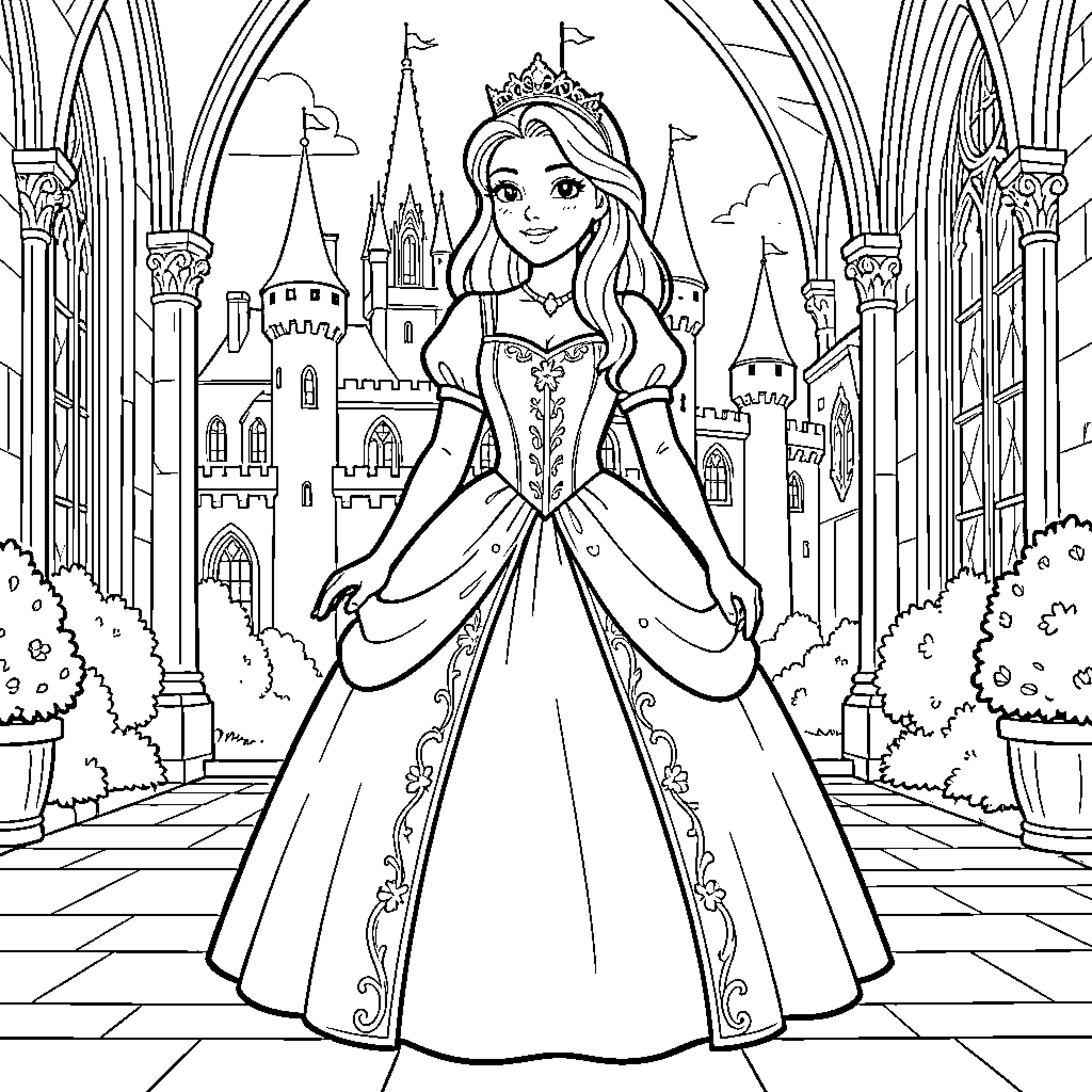 Princess posing in a grand gown before a castle Coloring Page (free black-and-white line drawing printable PDF for all, from beginners to advanced learners, including children, teens, adults, and seniors)