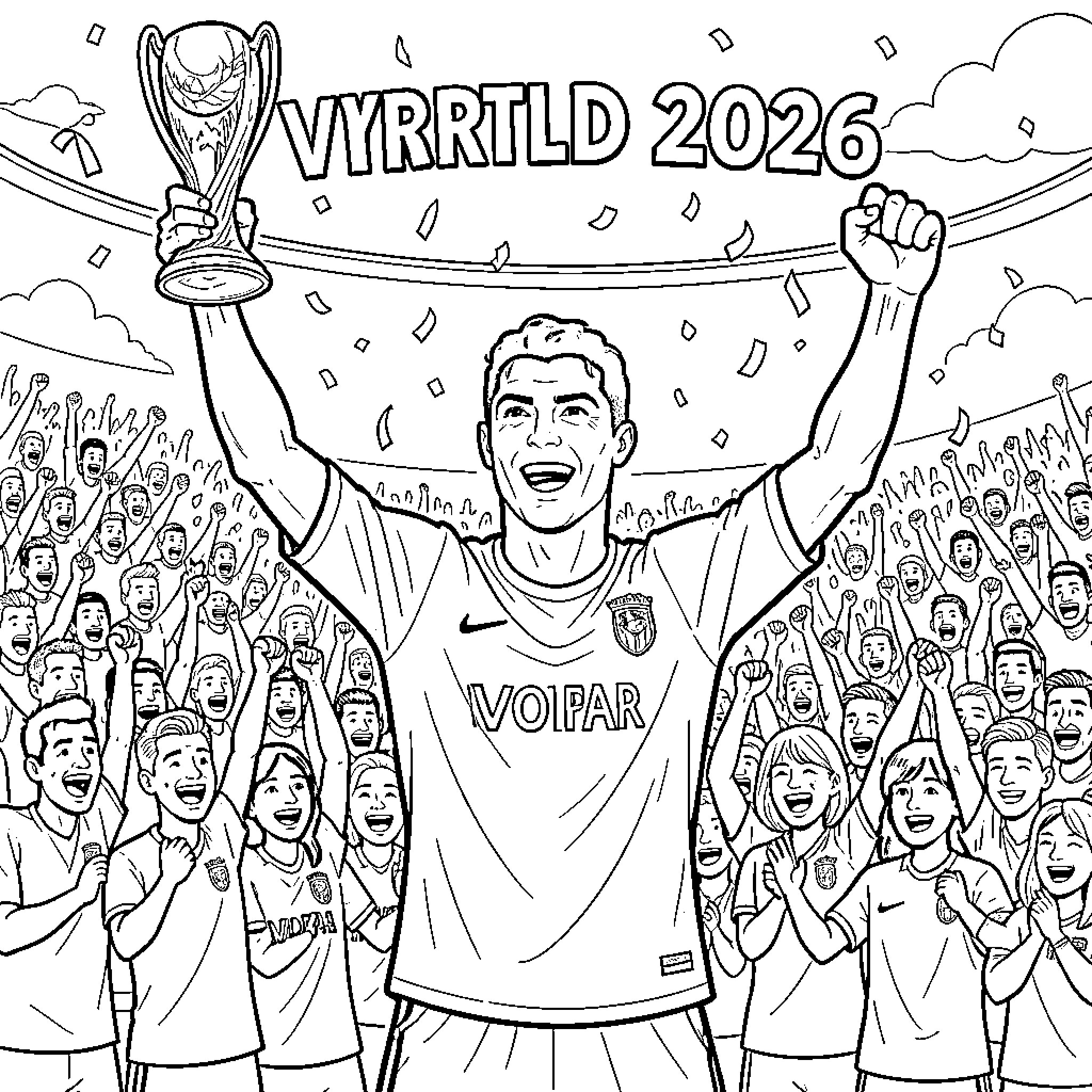 Ronaldo celebrating a victory while holding a trophy Coloring Page (free black-and-white line drawing printable PDF for all, from beginners to advanced learners, including children, teens, adults, and seniors)