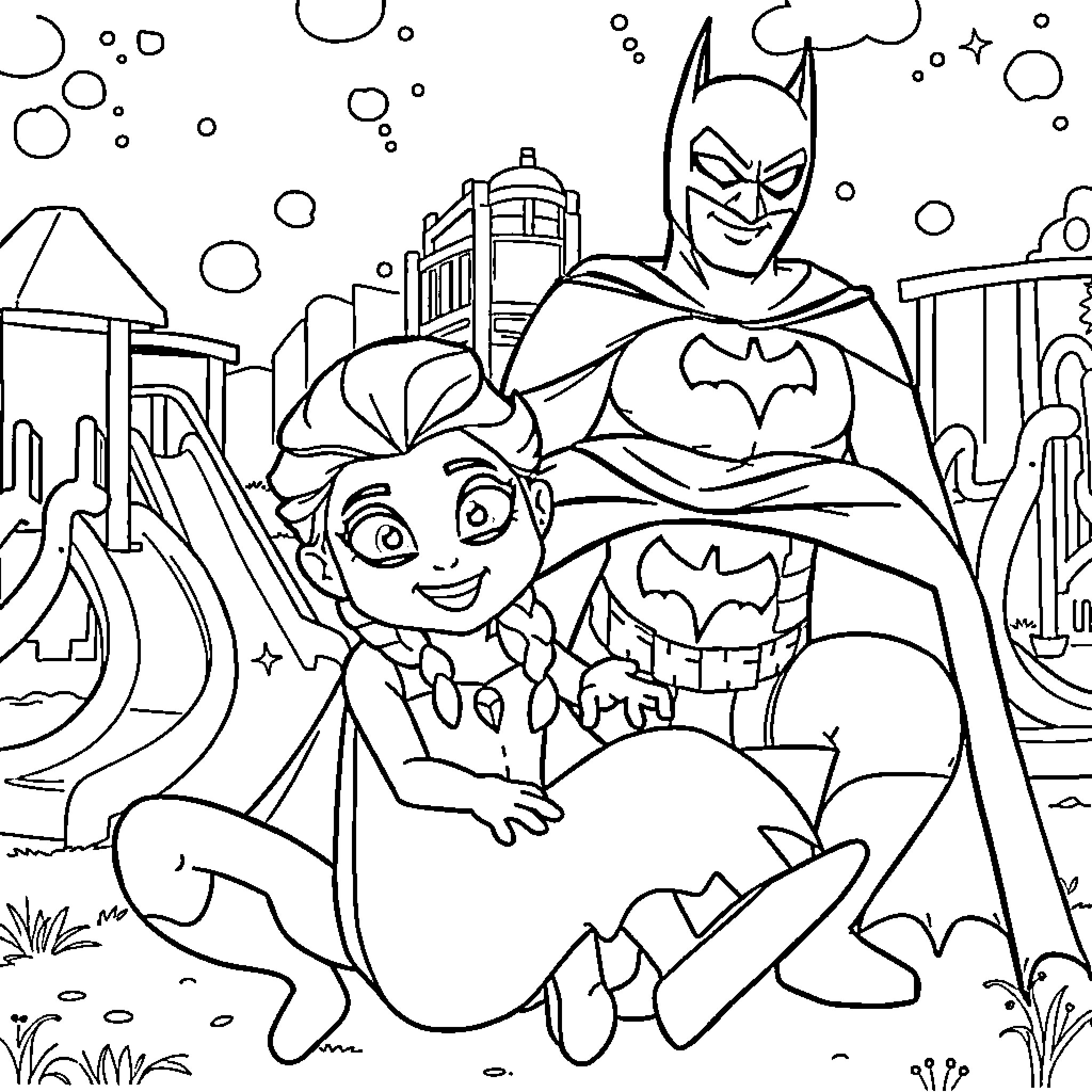 Superhero duo in heroic action on city skyline Coloring Page (free black-and-white line drawing printable PDF for all, from beginners to advanced learners, including children, teens, adults, and seniors)