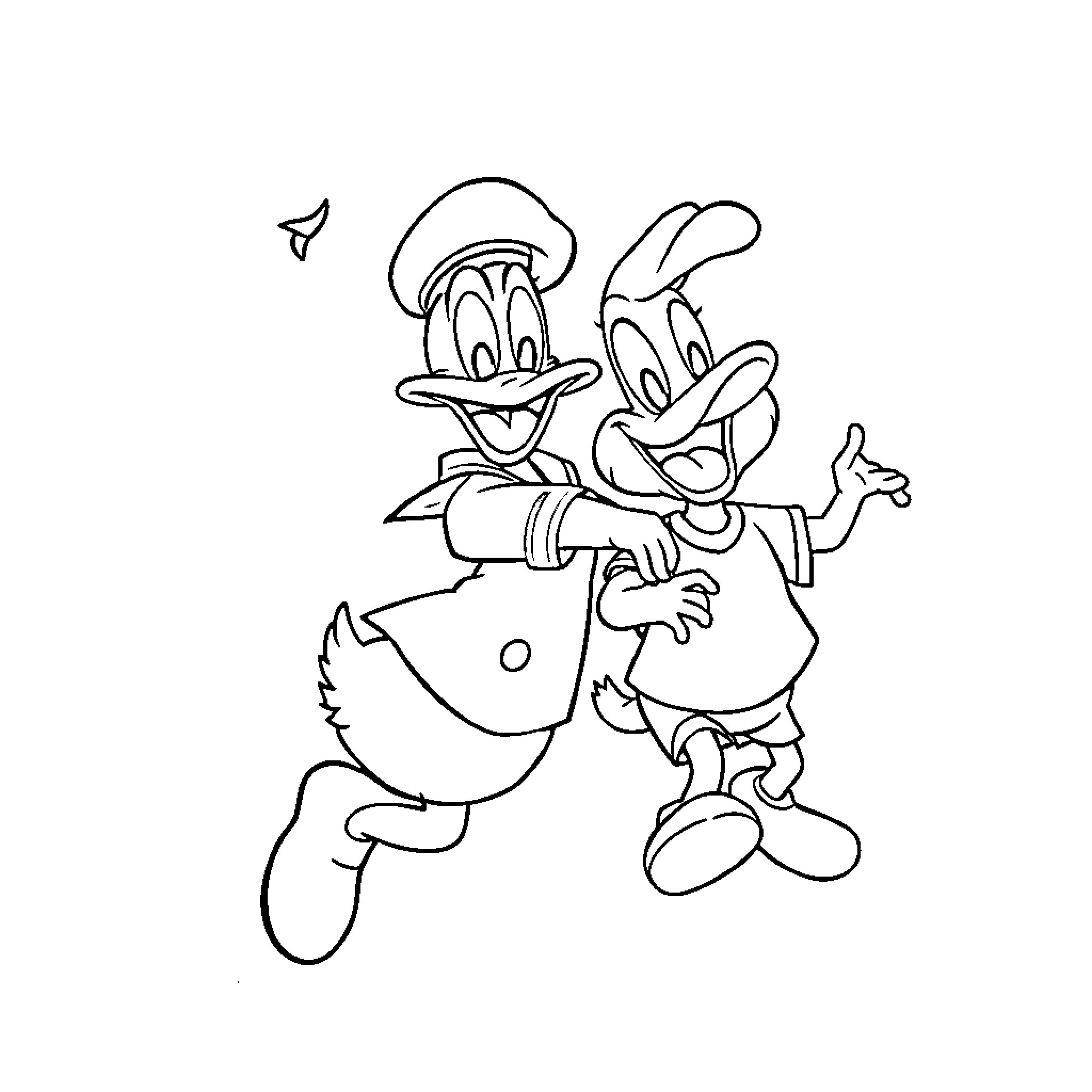 Donald Duck and Daisy Duck in cartoon adventure Coloring Page (free black-and-white line drawing printable PDF for all, from beginners to advanced learners, including children, teens, adults, and seniors)