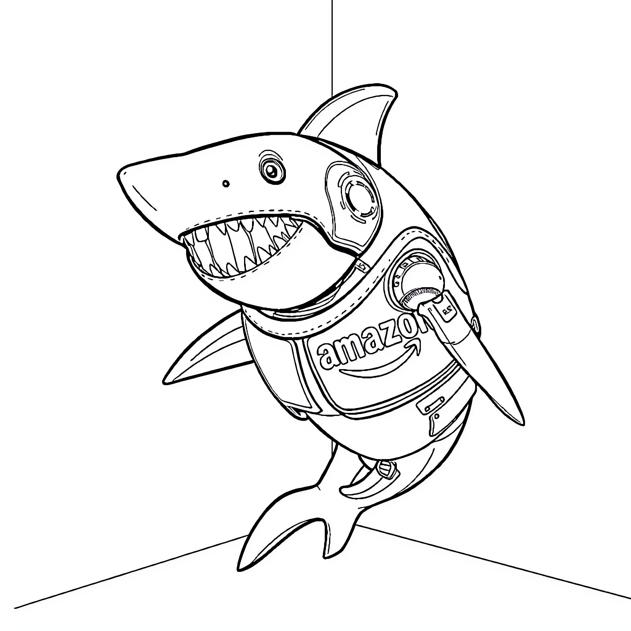 Shark wearing Amazon branded outfit Coloring Page (free black-and-white line drawing printable PDF for all, from beginners to advanced learners, including children, teens, adults, and seniors)