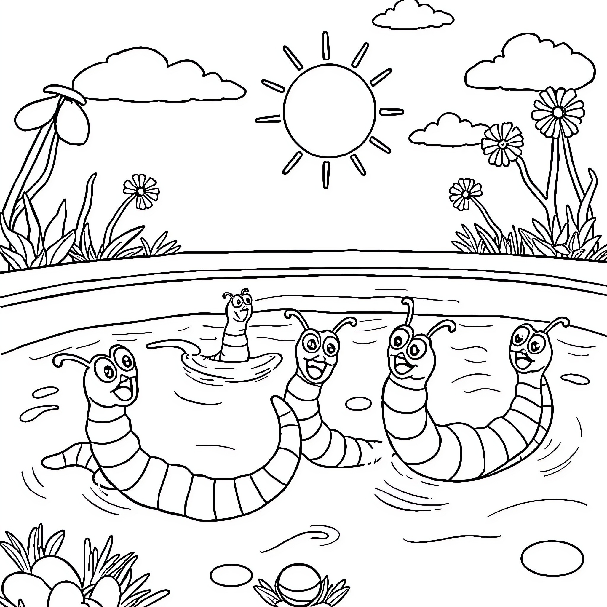 Worm friends swimming happily in the pond Coloring Page (free black-and-white line drawing printable PDF for all, from beginners to advanced learners, including children, teens, adults, and seniors)