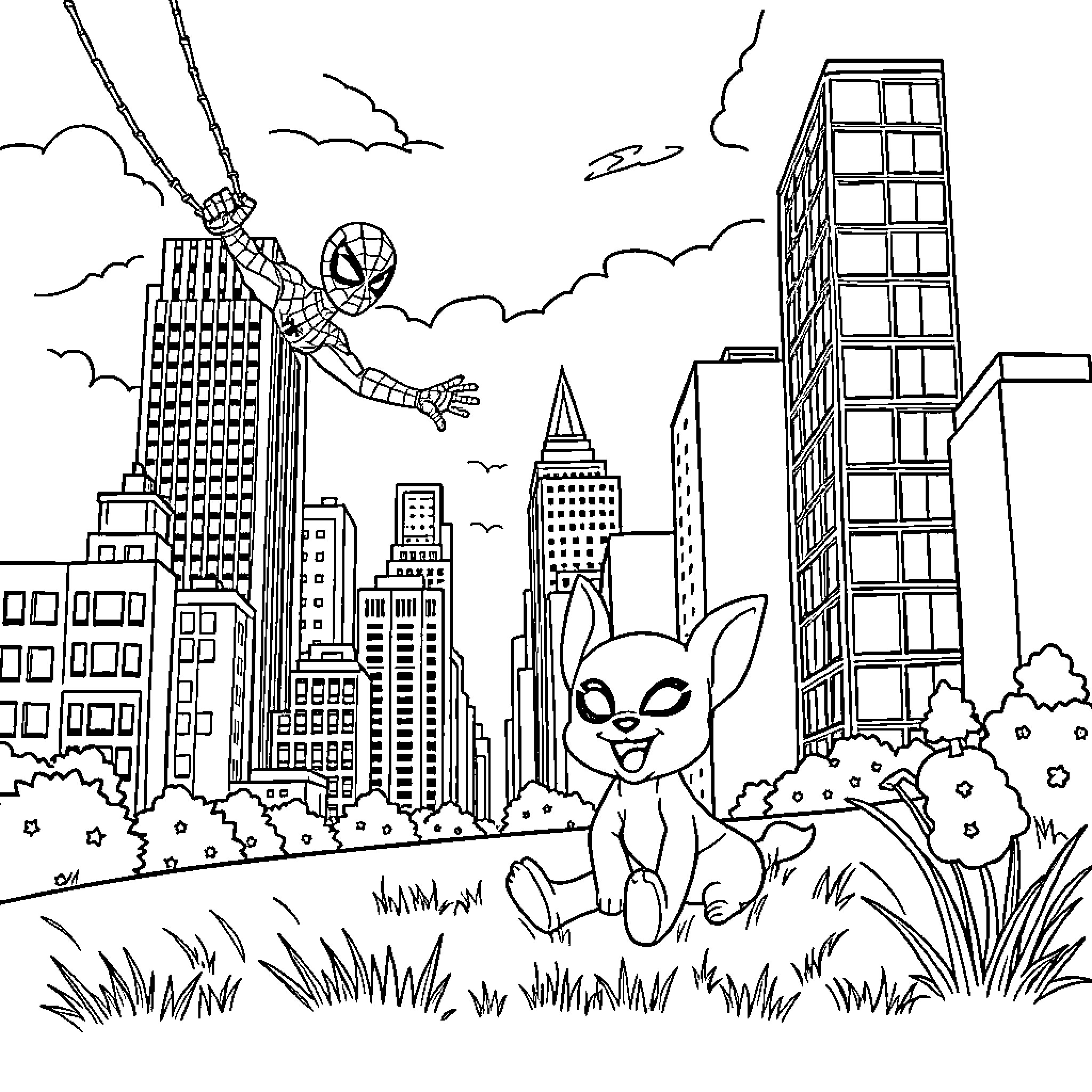 Spiderman swinging through the city skyline Coloring Page (free black-and-white line drawing printable PDF for all, from beginners to advanced learners, including children, teens, adults, and seniors)