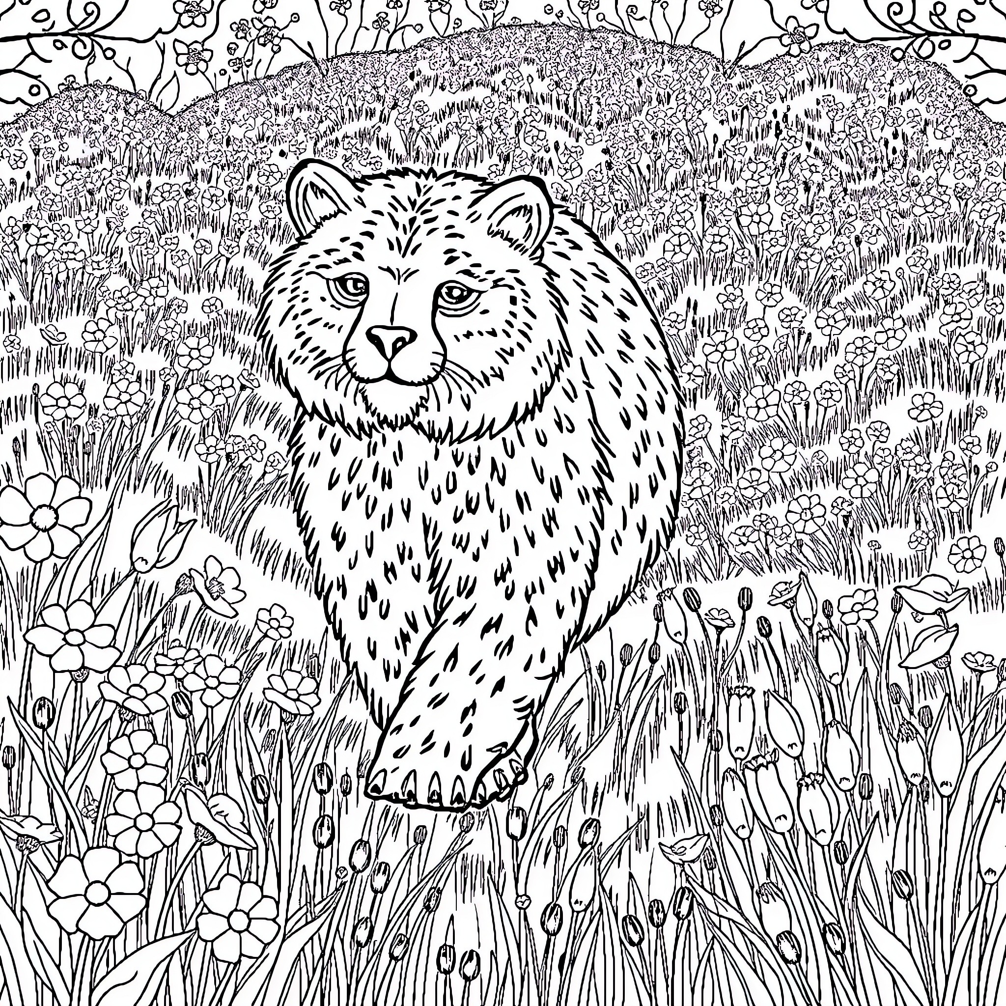Bear in a flowery meadow Coloring Page (free black-and-white line drawing printable PDF for all, from beginners to advanced learners, including children, teens, adults, and seniors)