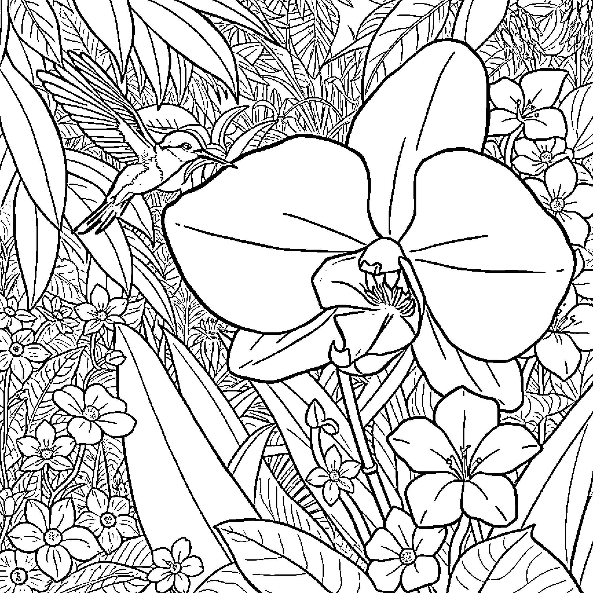Orchid bloom among lush tropical foliage Coloring Page (free black-and-white line drawing printable PDF for all, from beginners to advanced learners, including children, teens, adults, and seniors)