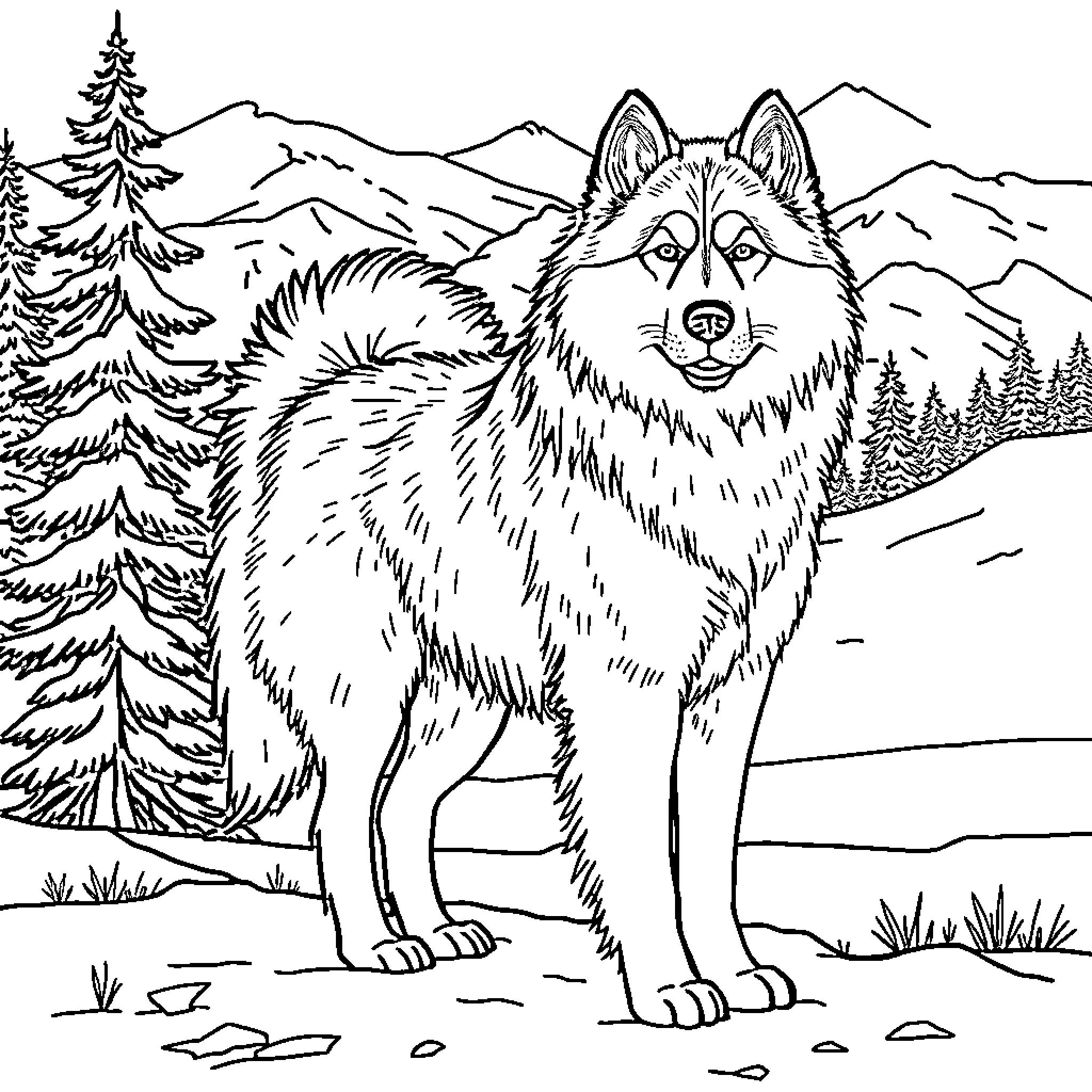 Alaskan Malamute standing in snowy mountain landscape Coloring Page (free black-and-white line drawing printable PDF for all, from beginners to advanced learners, including children, teens, adults, and seniors)