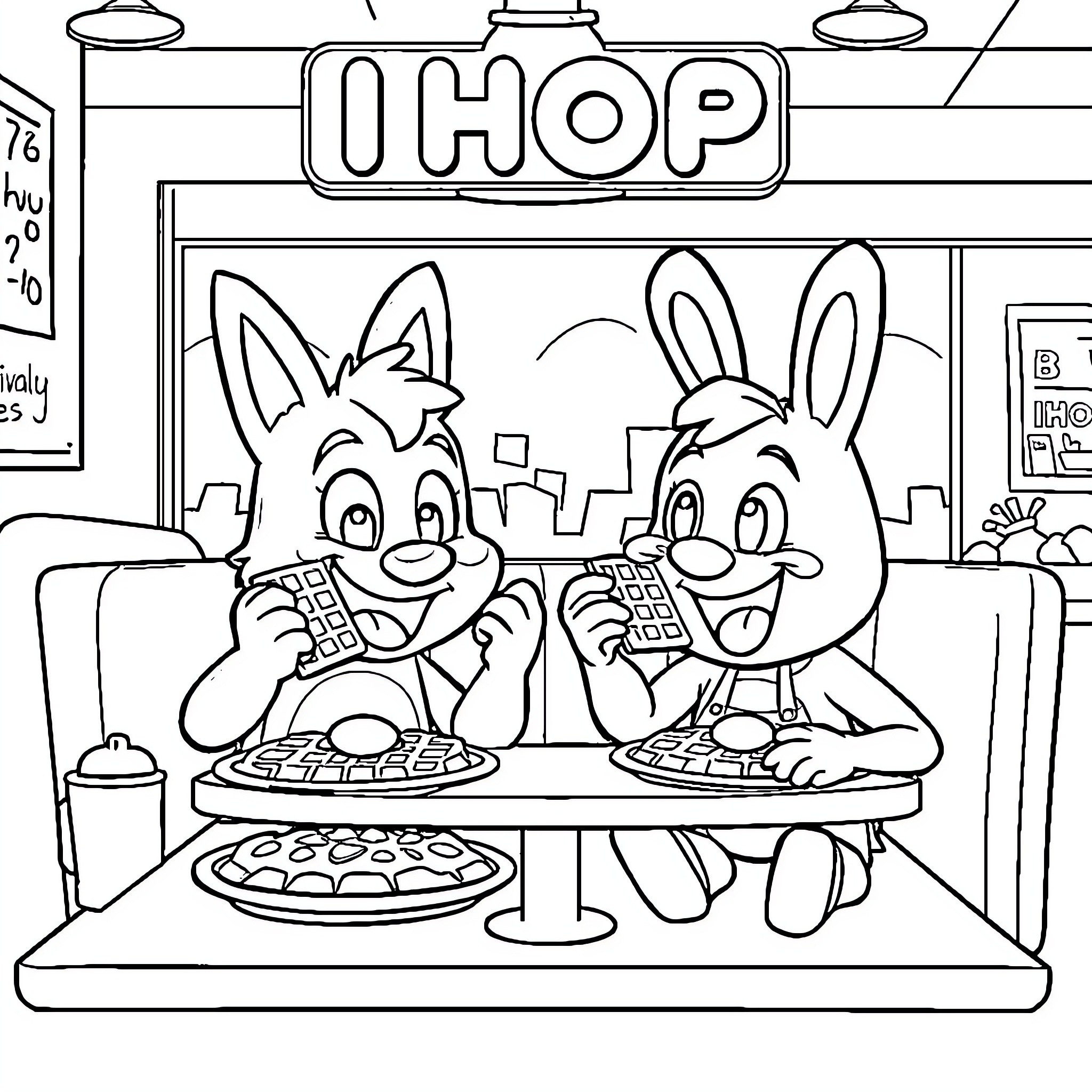 Bluey and friends enjoying a meal at the CHOP diner Coloring Page (free black-and-white line drawing printable PDF for all, from beginners to advanced learners, including children, teens, adults, and seniors)
