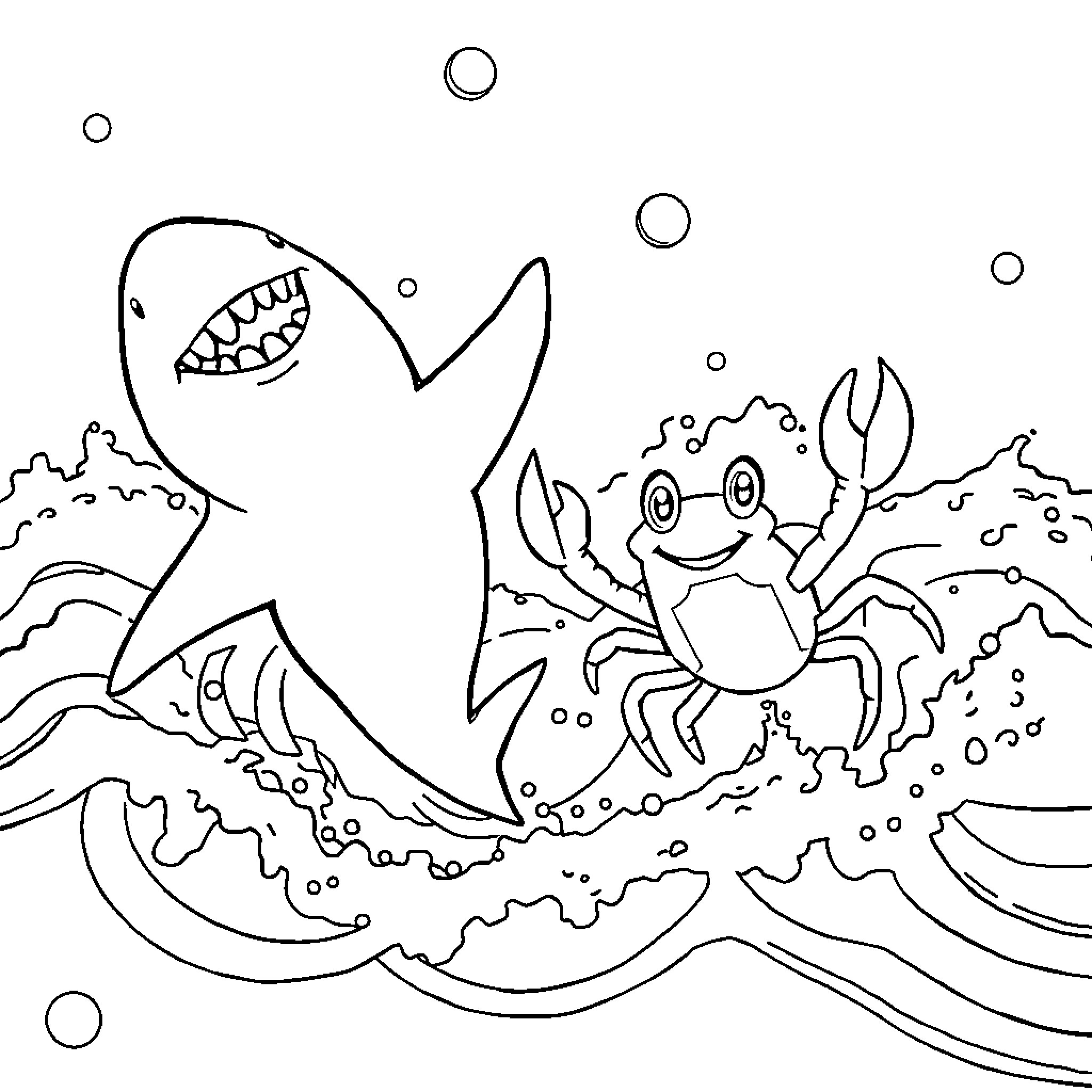 Shark and crab playing in the ocean Coloring Page (free black-and-white line drawing printable PDF for all, from beginners to advanced learners, including children, teens, adults, and seniors)
