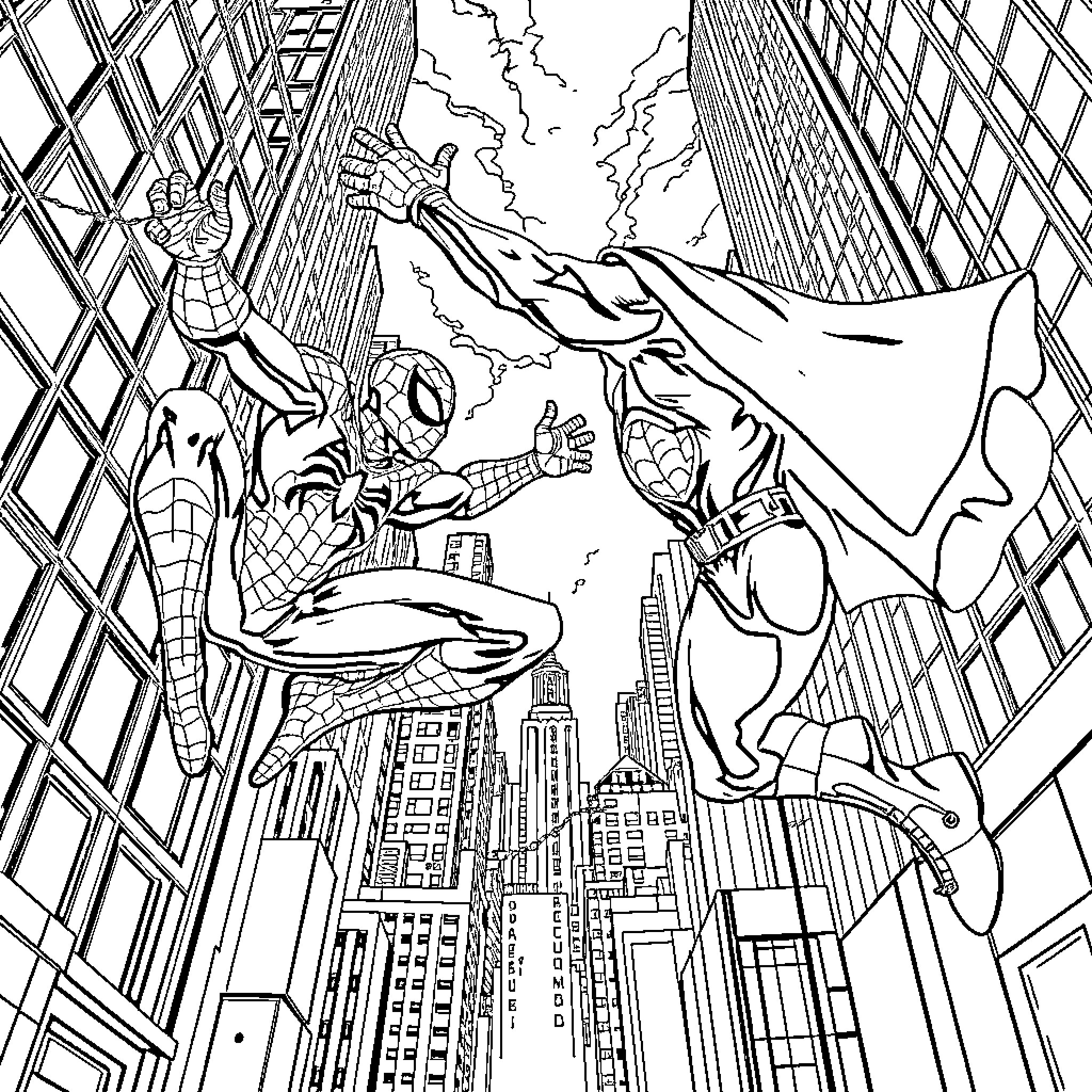 Superheroes Battling Above the City Coloring Page (free black-and-white line drawing printable PDF for all, from beginners to advanced learners, including children, teens, adults, and seniors)