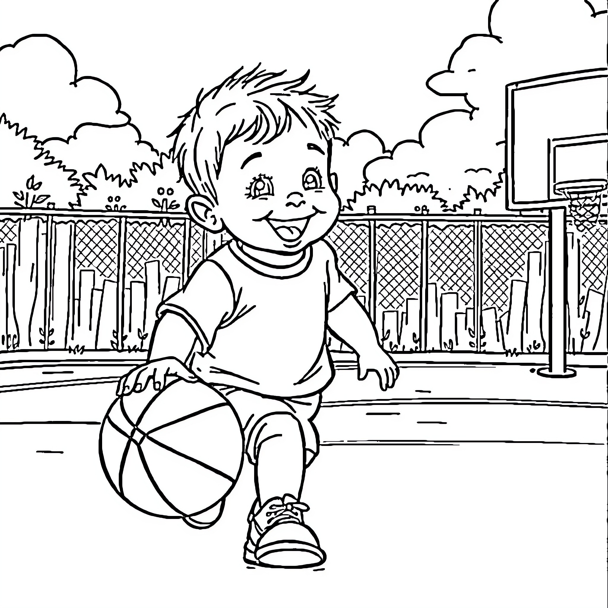 Baby Boy Playing Happily with Basketball Outdoors Coloring Page (free black-and-white line drawing printable PDF for all, from beginners to advanced learners, including children, teens, adults, and seniors)