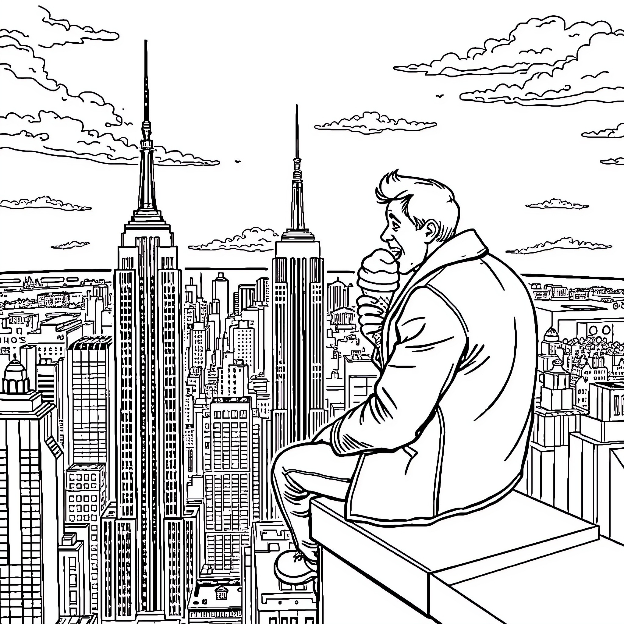 Man contemplating the cityscape from a high vantage point Coloring Page (free black-and-white line drawing printable PDF for all, from beginners to advanced learners, including children, teens, adults, and seniors)