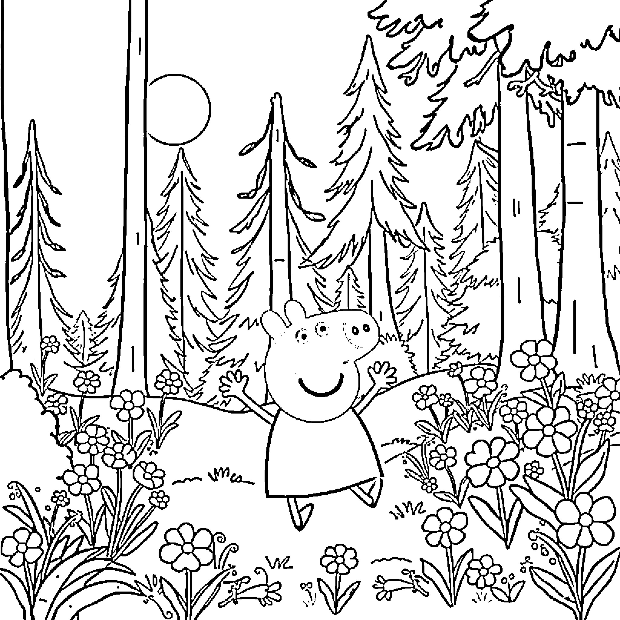 Peppa Pig enjoys a peaceful day in the forest Coloring Page (free black-and-white line drawing printable PDF for all, from beginners to advanced learners, including children, teens, adults, and seniors)