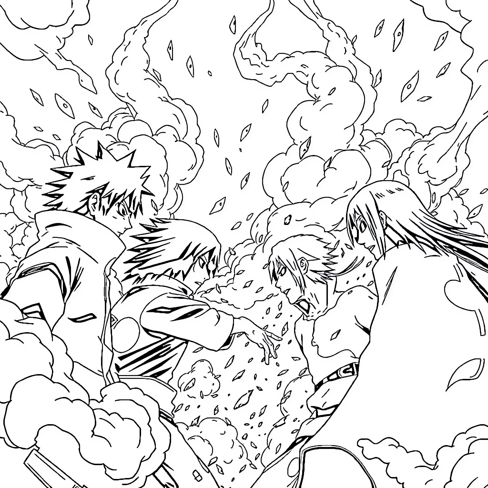Naruto Ninjas Engage in Intense Battle with Explosive Effects Coloring Page (free black-and-white line drawing printable PDF for all, from beginners to advanced learners, including children, teens, adults, and seniors)