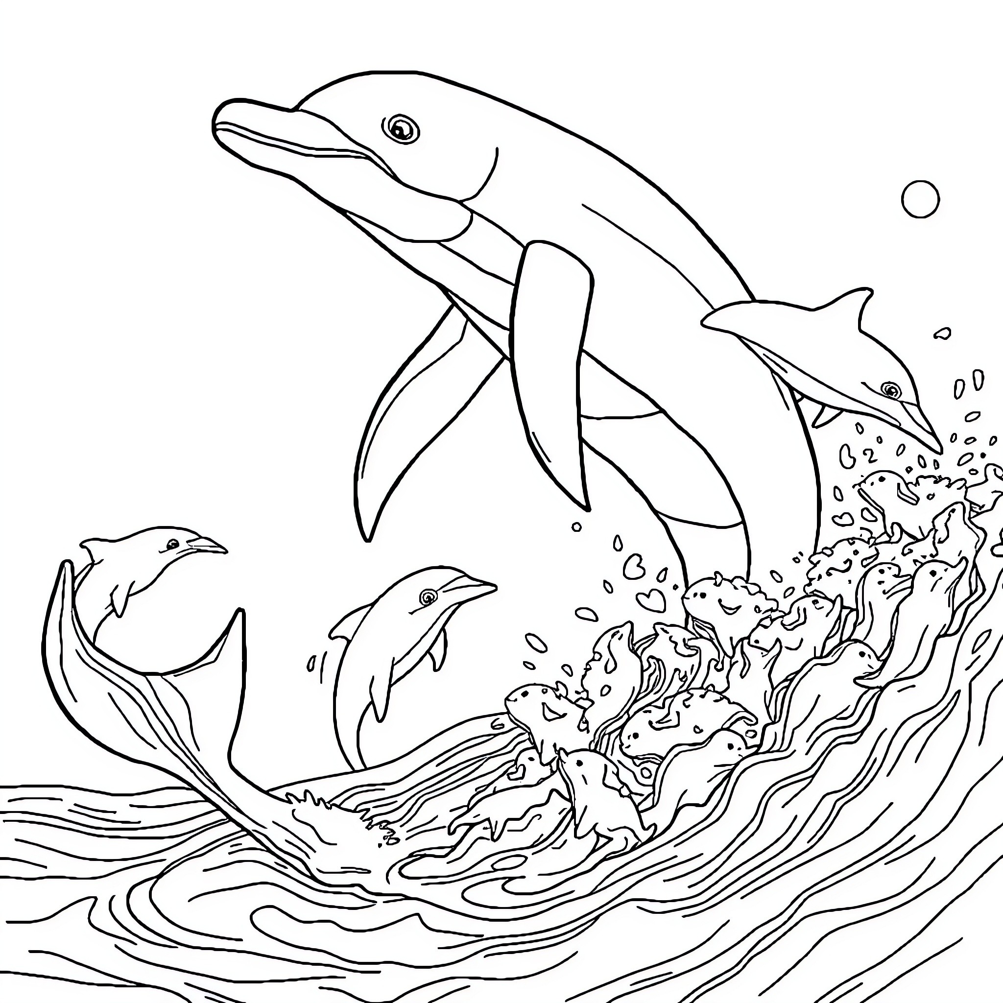 Mermaid-like dolphins playing in the waves Coloring Page (free black-and-white line drawing printable PDF for all, from beginners to advanced learners, including children, teens, adults, and seniors)