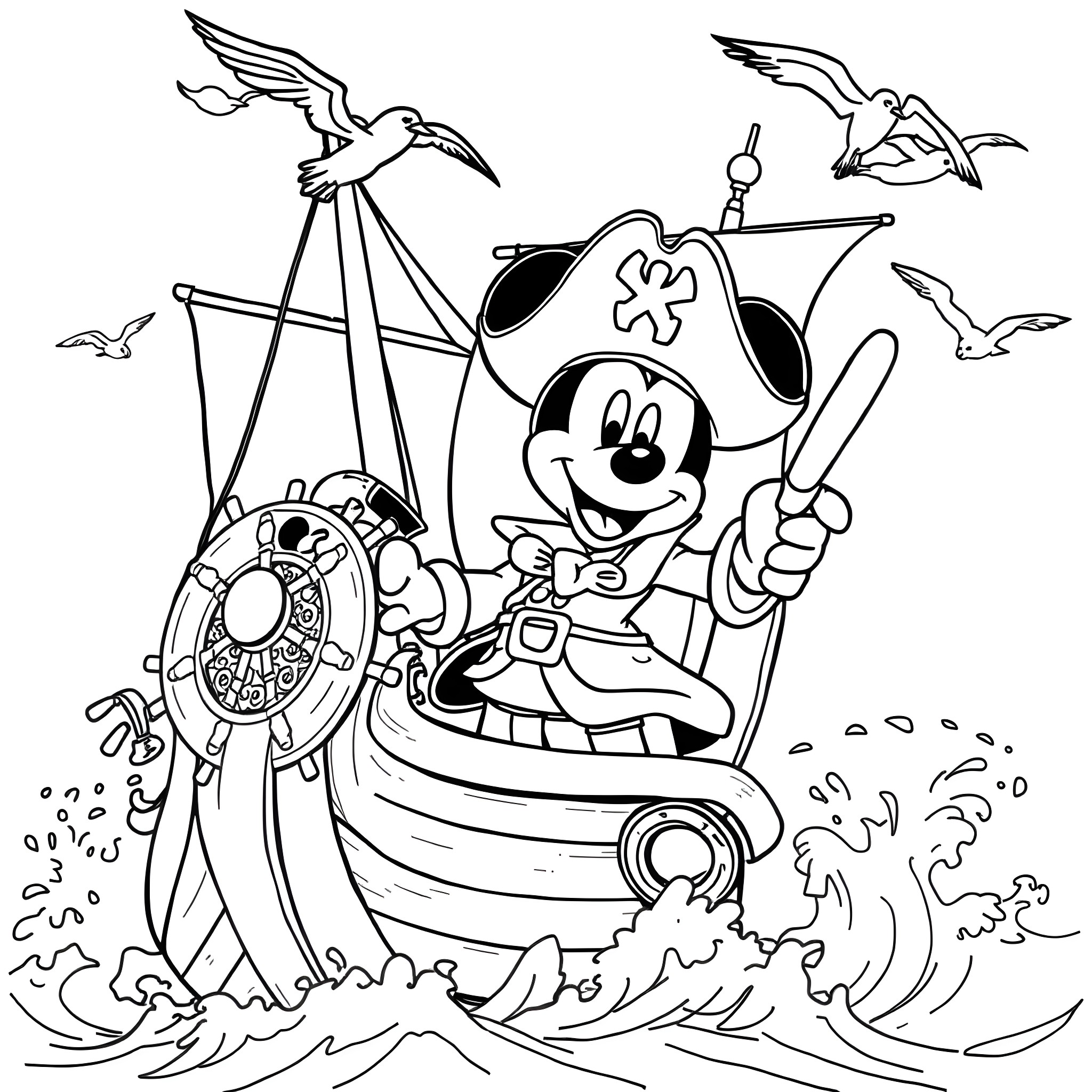 Mickey the Pirate Sailing on a Ship Coloring Page (free black-and-white line drawing printable PDF for all, from beginners to advanced learners, including children, teens, adults, and seniors)