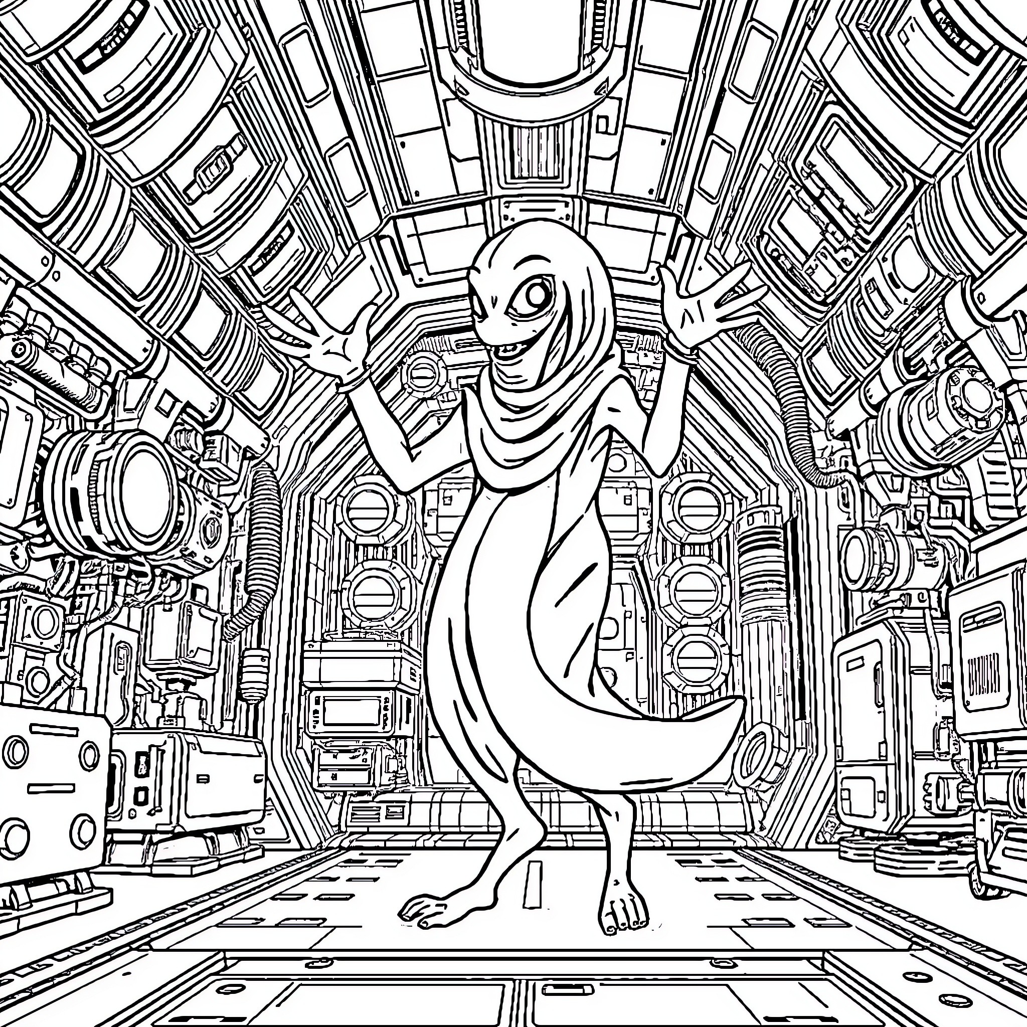 Slime creature navigating futuristic corridors Coloring Page (free black-and-white line drawing printable PDF for all, from beginners to advanced learners, including children, teens, adults, and seniors)