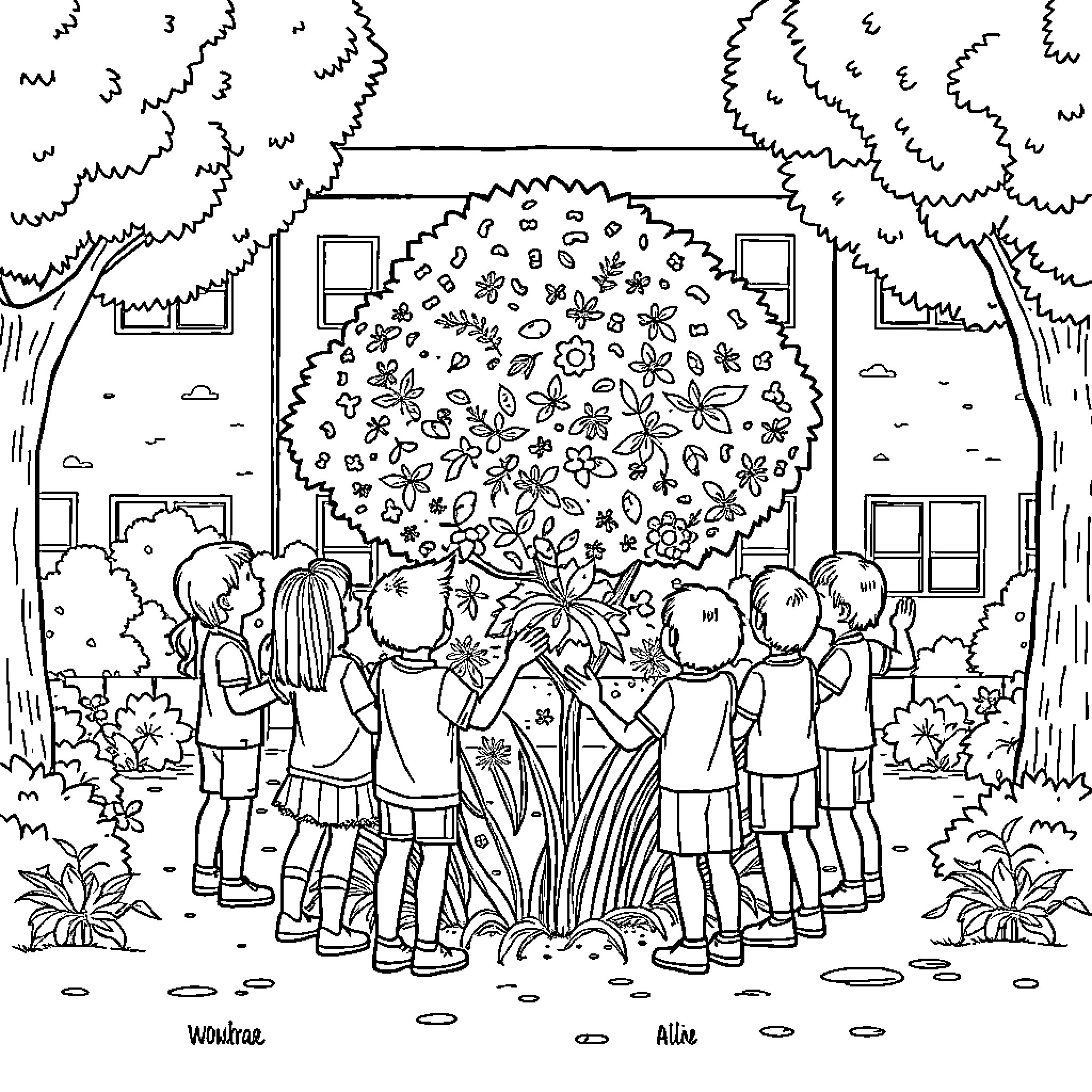 Child group admiring a blooming tree Coloring Page (free black-and-white line drawing printable PDF for all, from beginners to advanced learners, including children, teens, adults, and seniors)