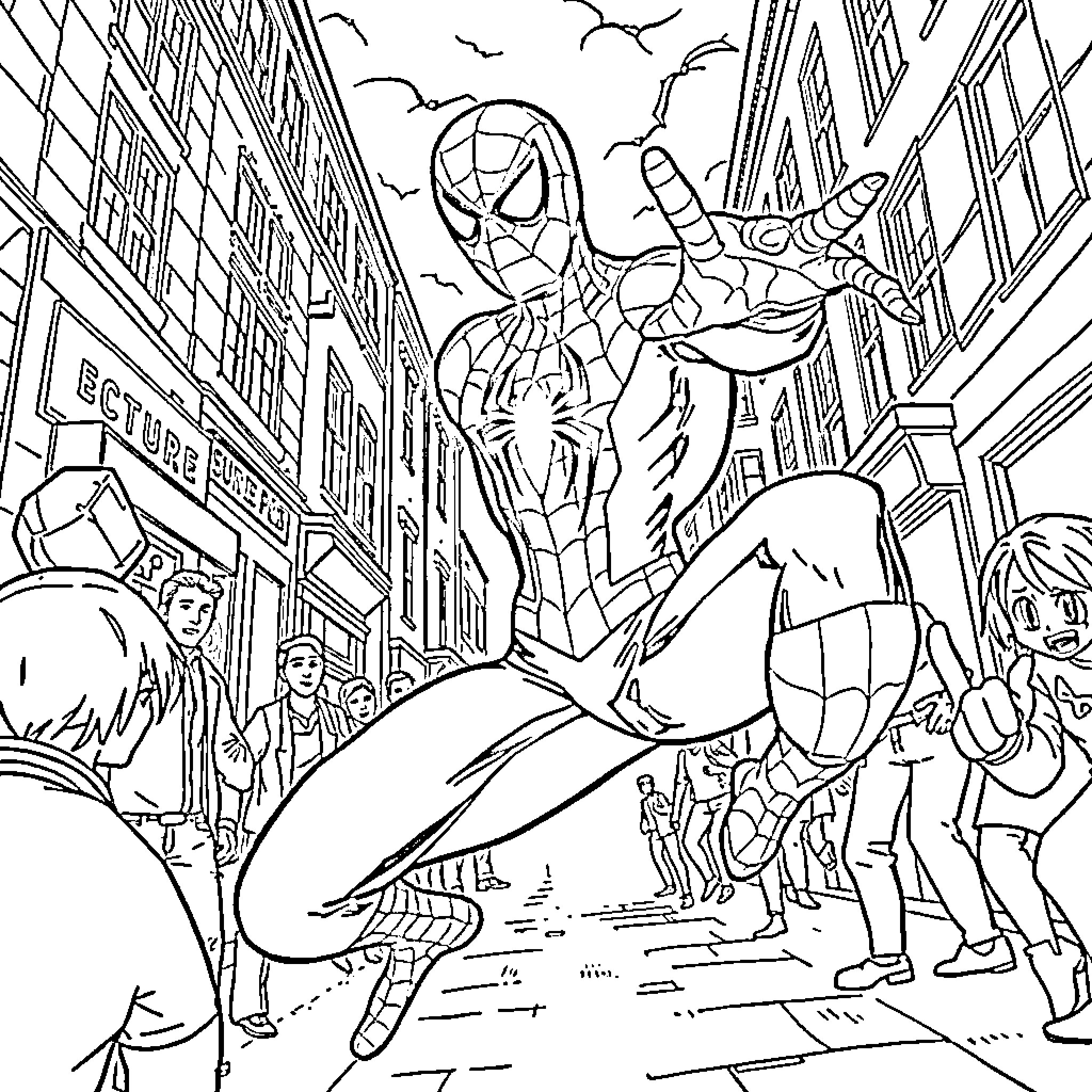 Spiderman swinging through the city streets Coloring Page (free black-and-white line drawing printable PDF for all, from beginners to advanced learners, including children, teens, adults, and seniors)