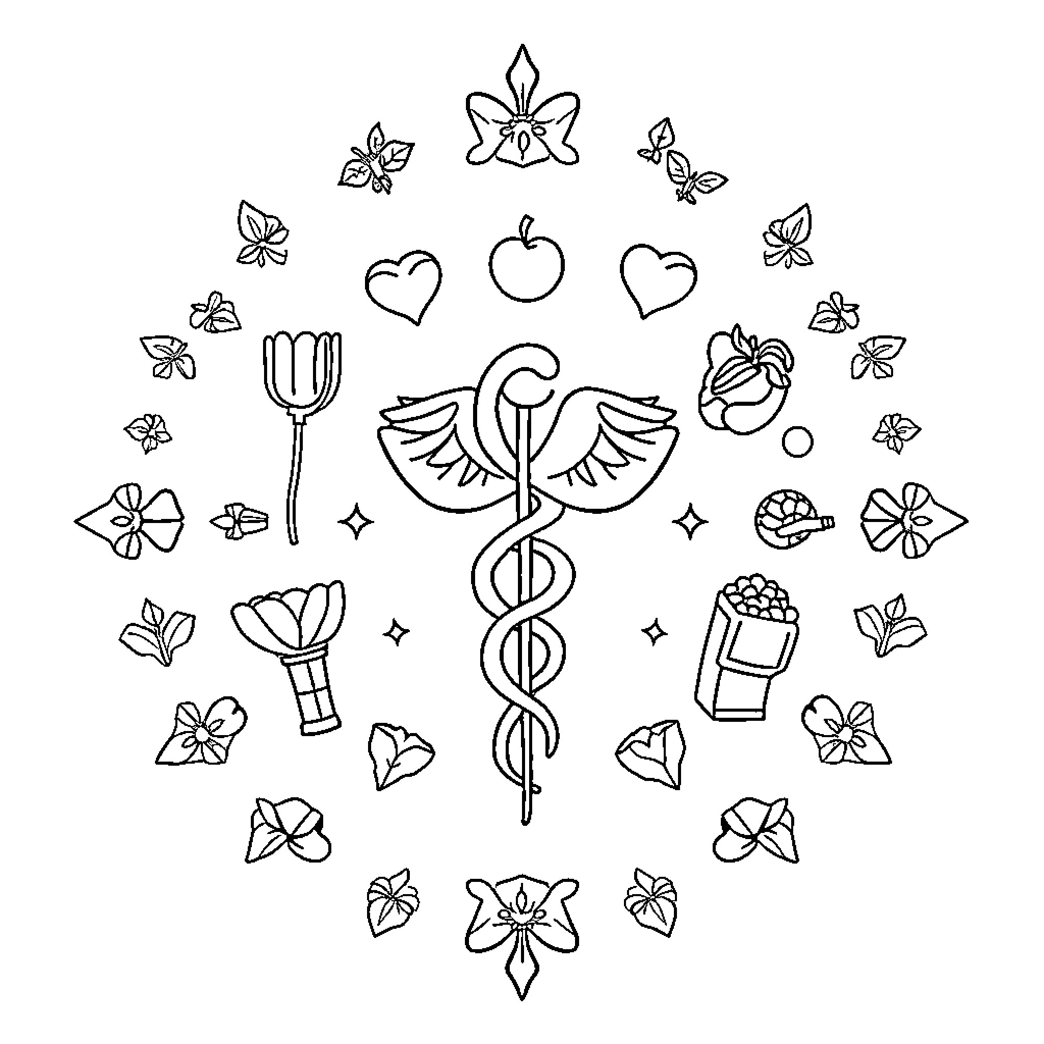 Logo of medical symbols and nature elements Coloring Page (free black-and-white line drawing printable PDF for all, from beginners to advanced learners, including children, teens, adults, and seniors)