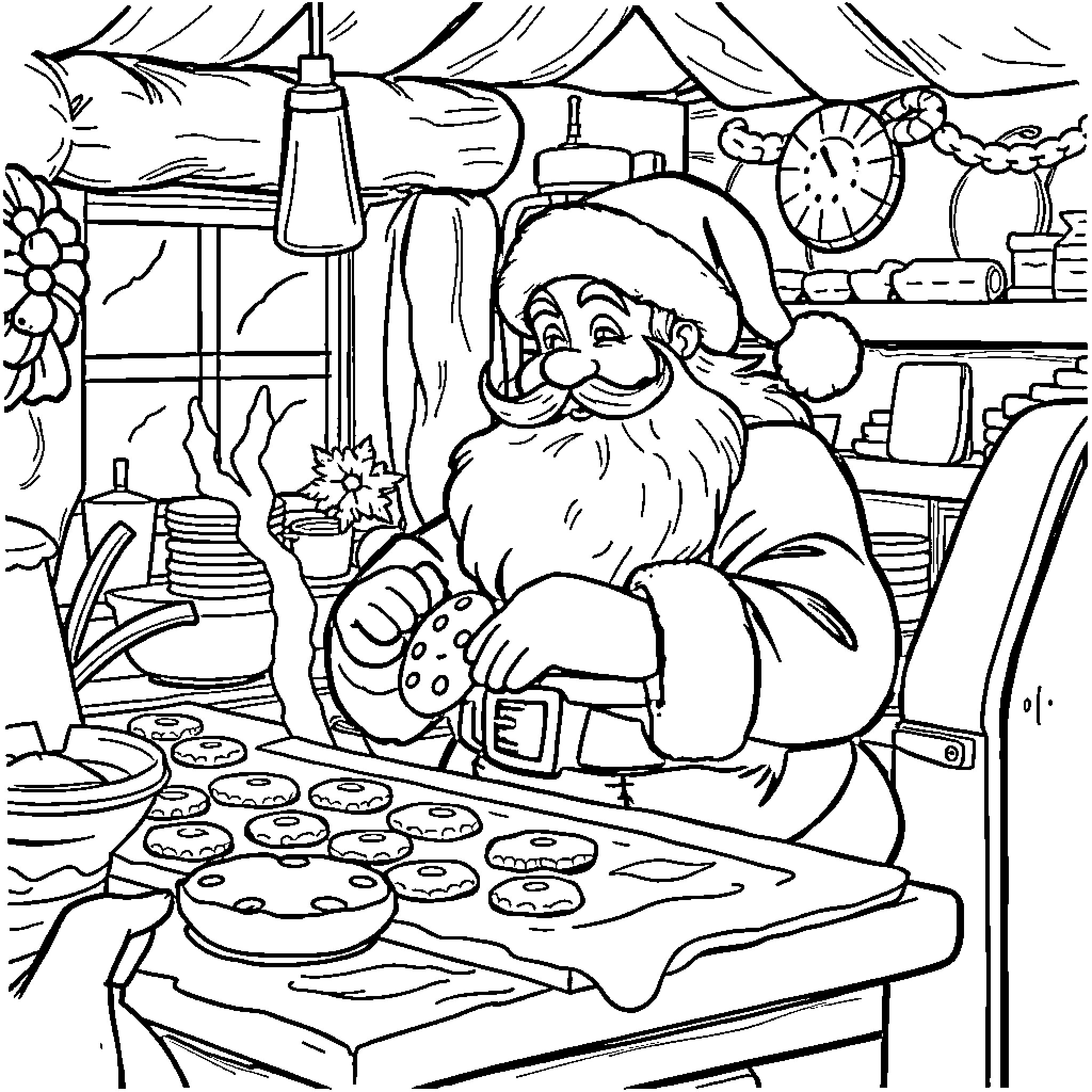 Santa Baking Christmas Cookies in Workshop Coloring Page (free black-and-white line drawing printable PDF for all, from beginners to advanced learners, including children, teens, adults, and seniors)