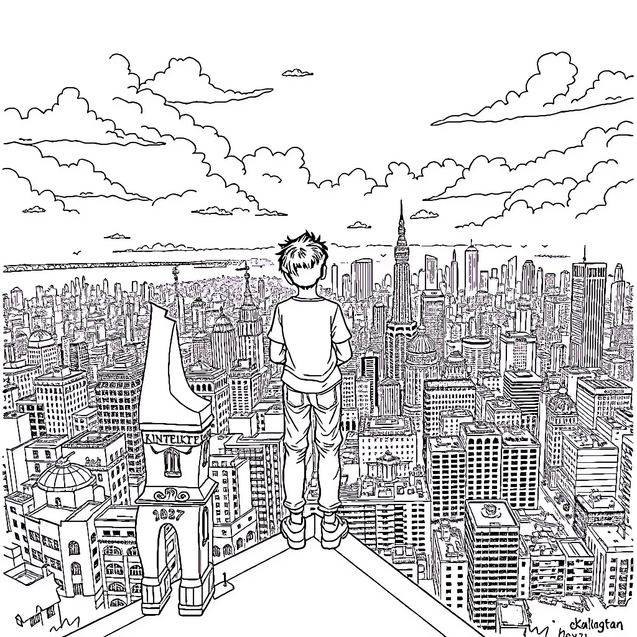 Boy overlooking the bustling city skyline Coloring Page (free black-and-white line drawing printable PDF for all, from beginners to advanced learners, including children, teens, adults, and seniors)