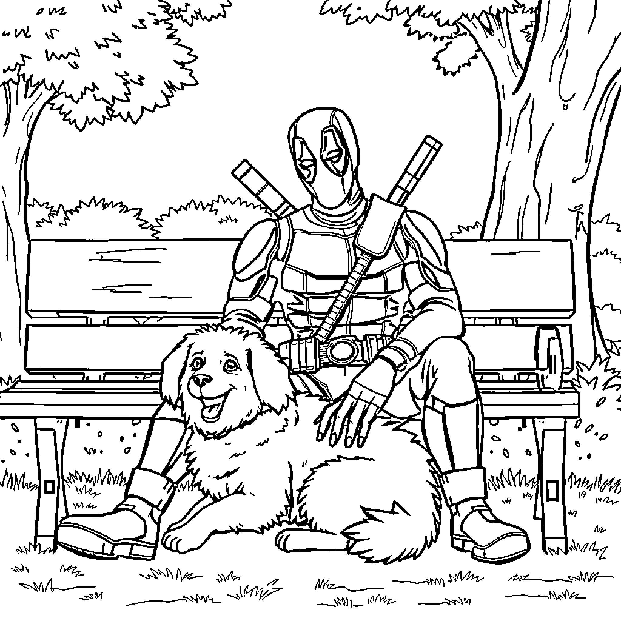 Deadpool relaxing with his loyal pet on a park bench Coloring Page (free black-and-white line drawing printable PDF for all, from beginners to advanced learners, including children, teens, adults, and seniors)