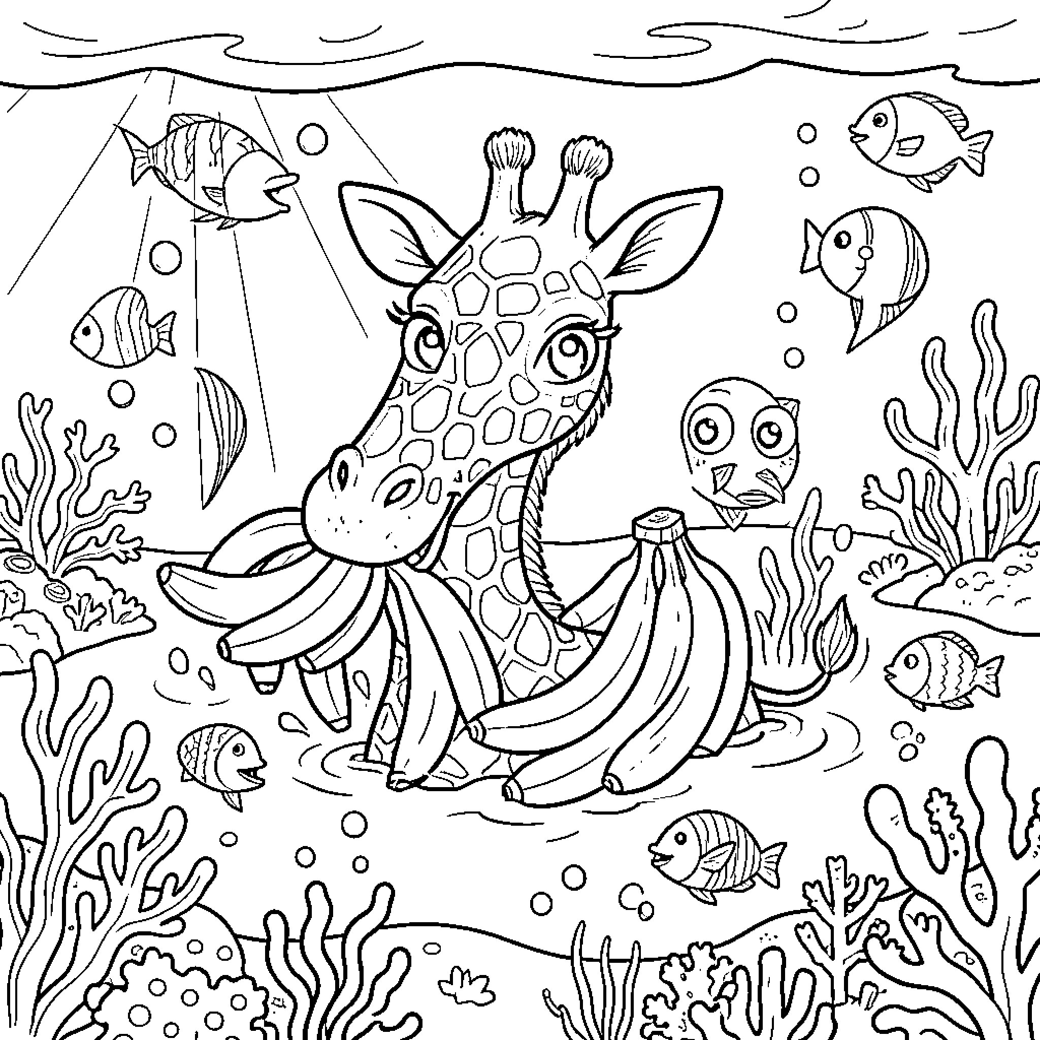 Giraffe swimming with colorful sea creatures in the ocean Coloring Page (free black-and-white line drawing printable PDF for all, from beginners to advanced learners, including children, teens, adults, and seniors)