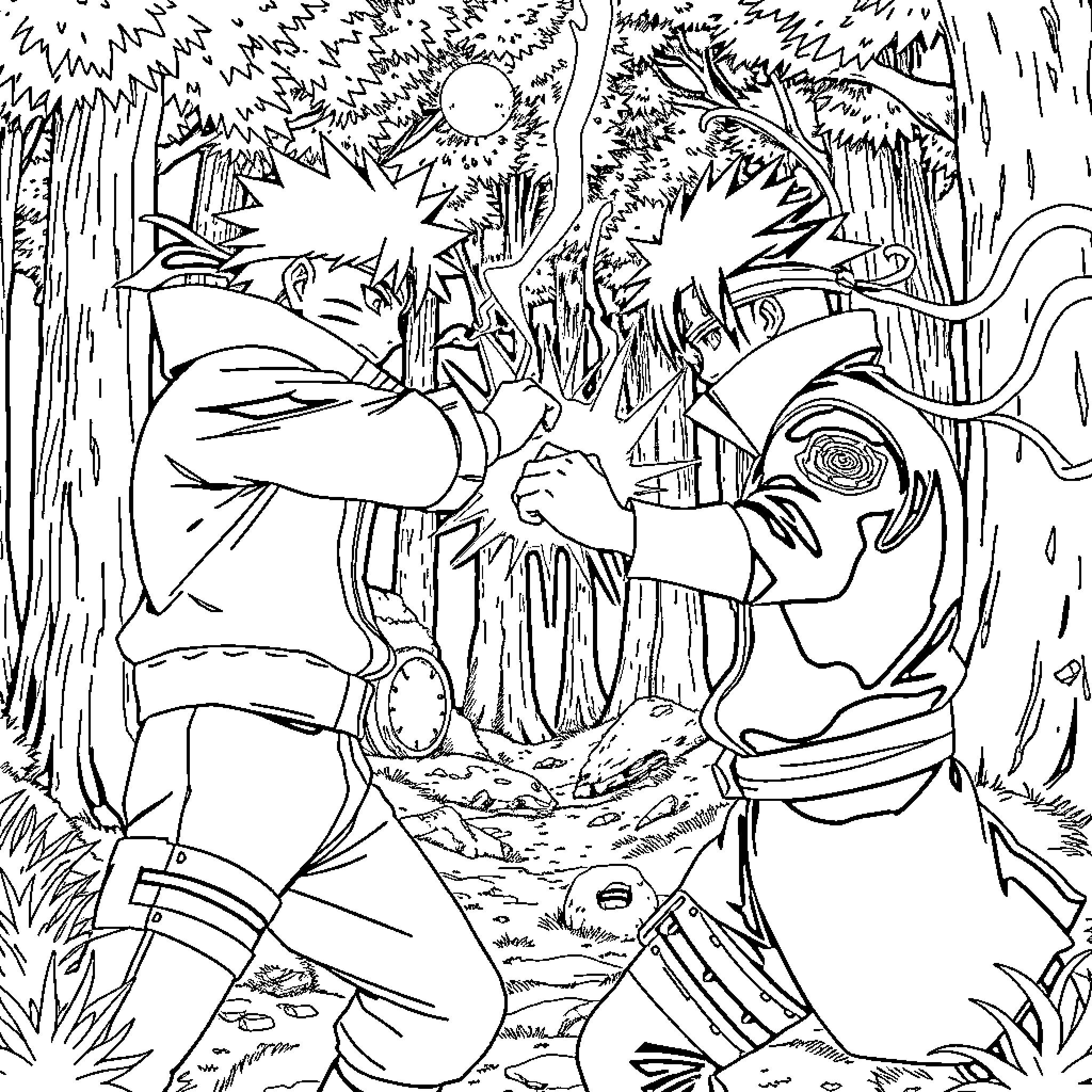 Naruto characters in intense combat in the forest Coloring Page (free black-and-white line drawing printable PDF for all, from beginners to advanced learners, including children, teens, adults, and seniors)