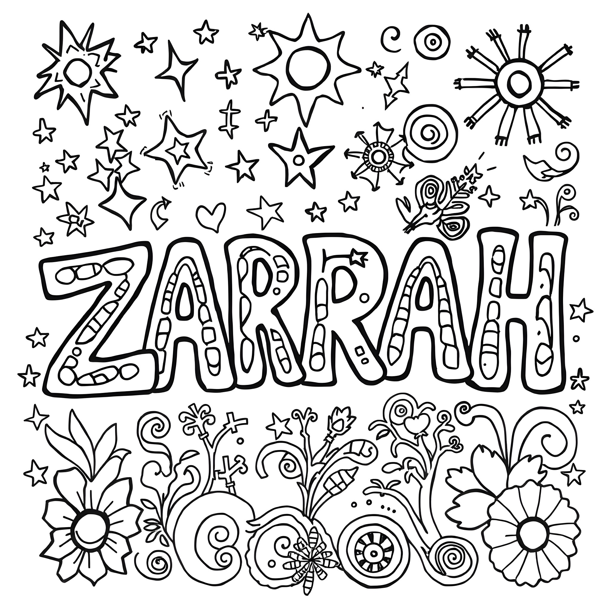 Zarah's whimsical artistic expression with stars and flowers Coloring Page (free black-and-white line drawing printable PDF for all, from beginners to advanced learners, including children, teens, adults, and seniors)