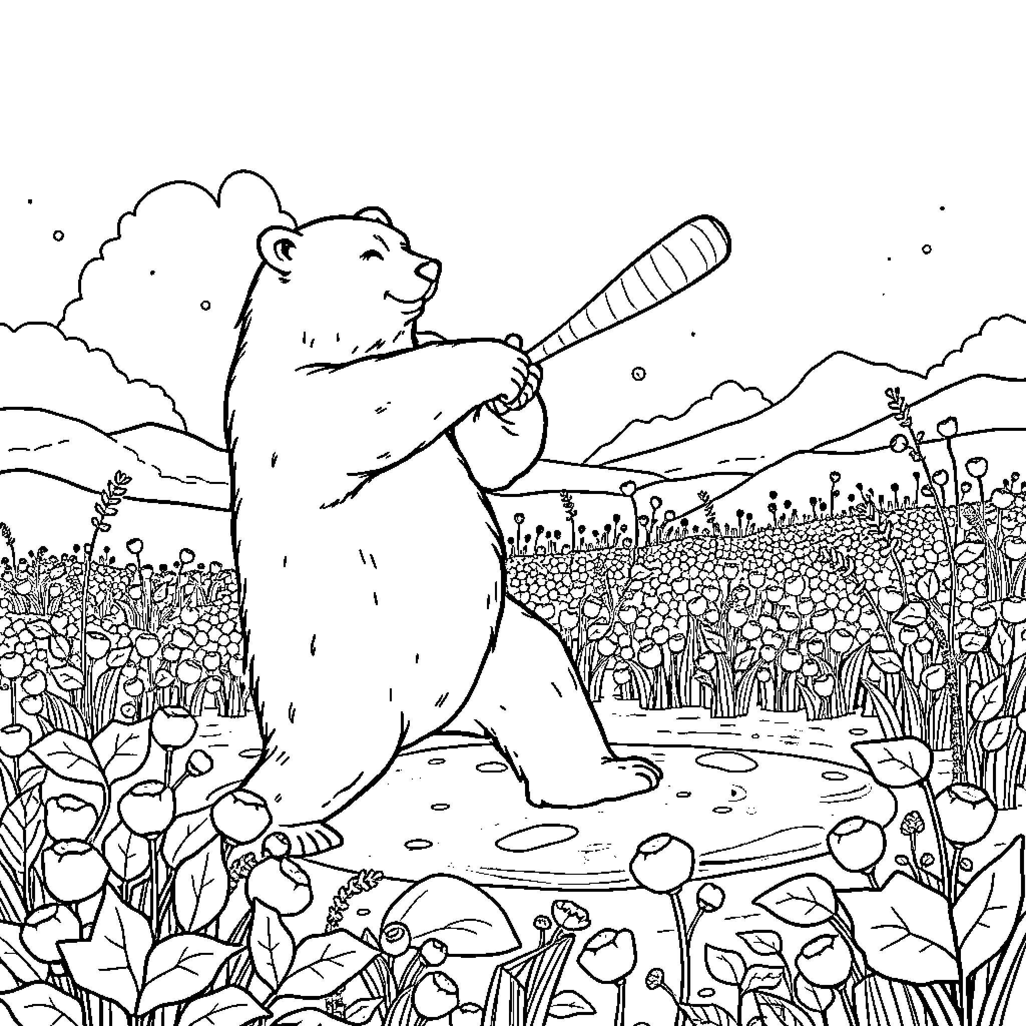 Polar Bear Batting in Field of Flowers Coloring Page (free black-and-white line drawing printable PDF for all, from beginners to advanced learners, including children, teens, adults, and seniors)
