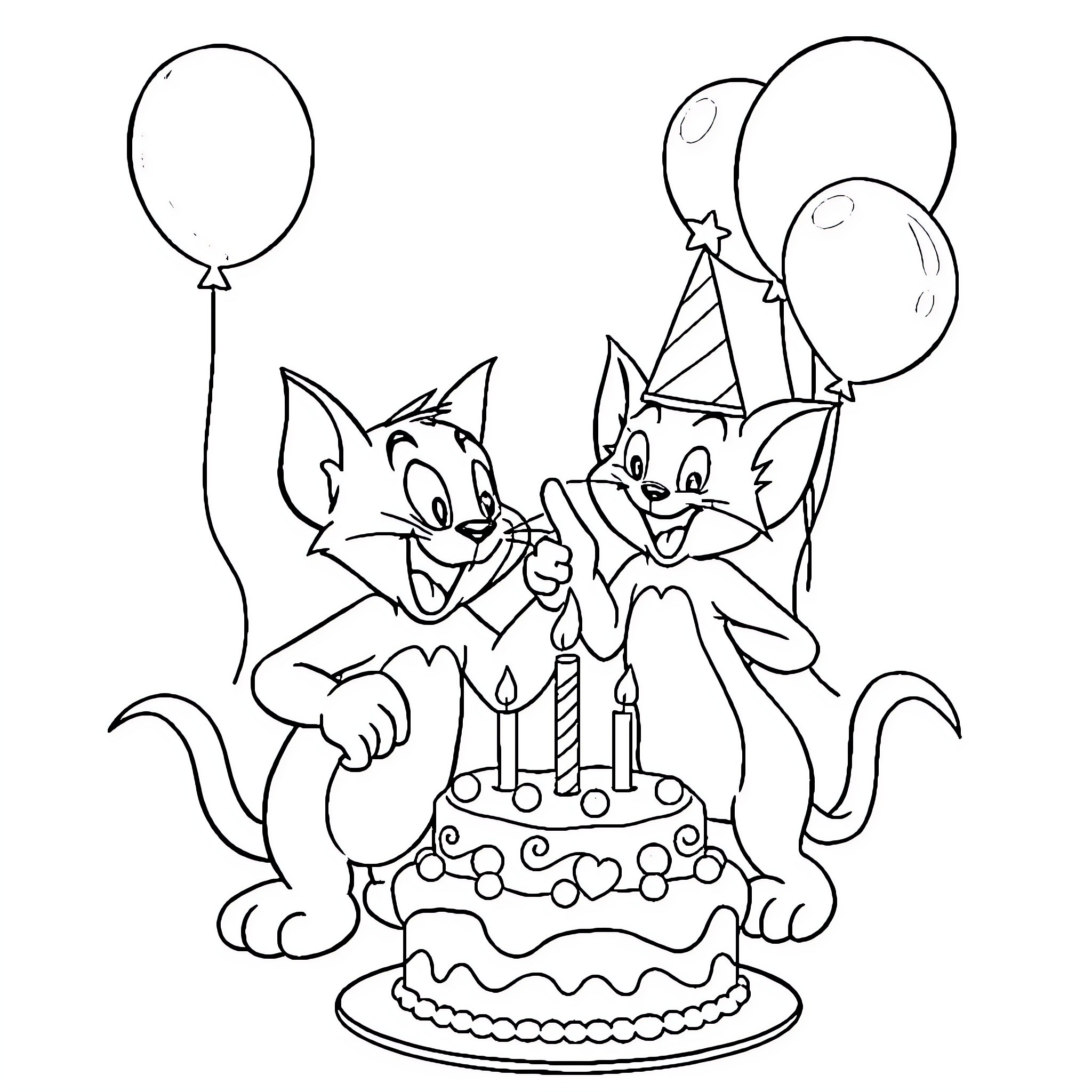 Tom and Jerry celebrating with birthday cake and balloons Coloring Page (free black-and-white line drawing printable PDF for all, from beginners to advanced learners, including children, teens, adults, and seniors)