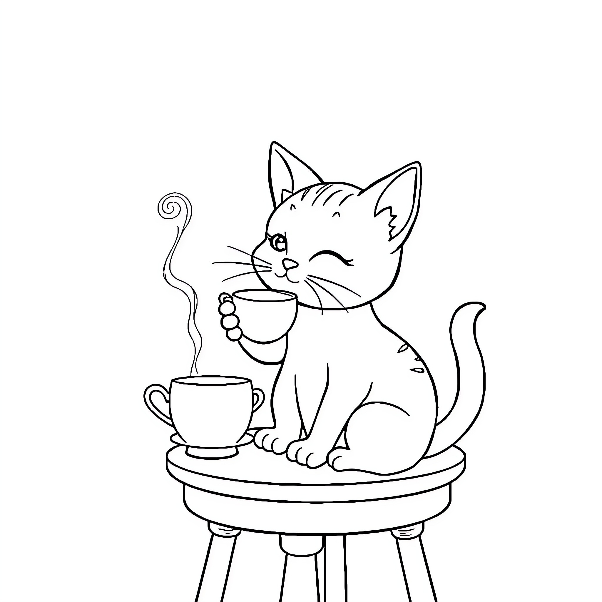 Cat drinking coffee on a stool Coloring Page (free black-and-white line drawing printable PDF for all, from beginners to advanced learners, including children, teens, adults, and seniors)