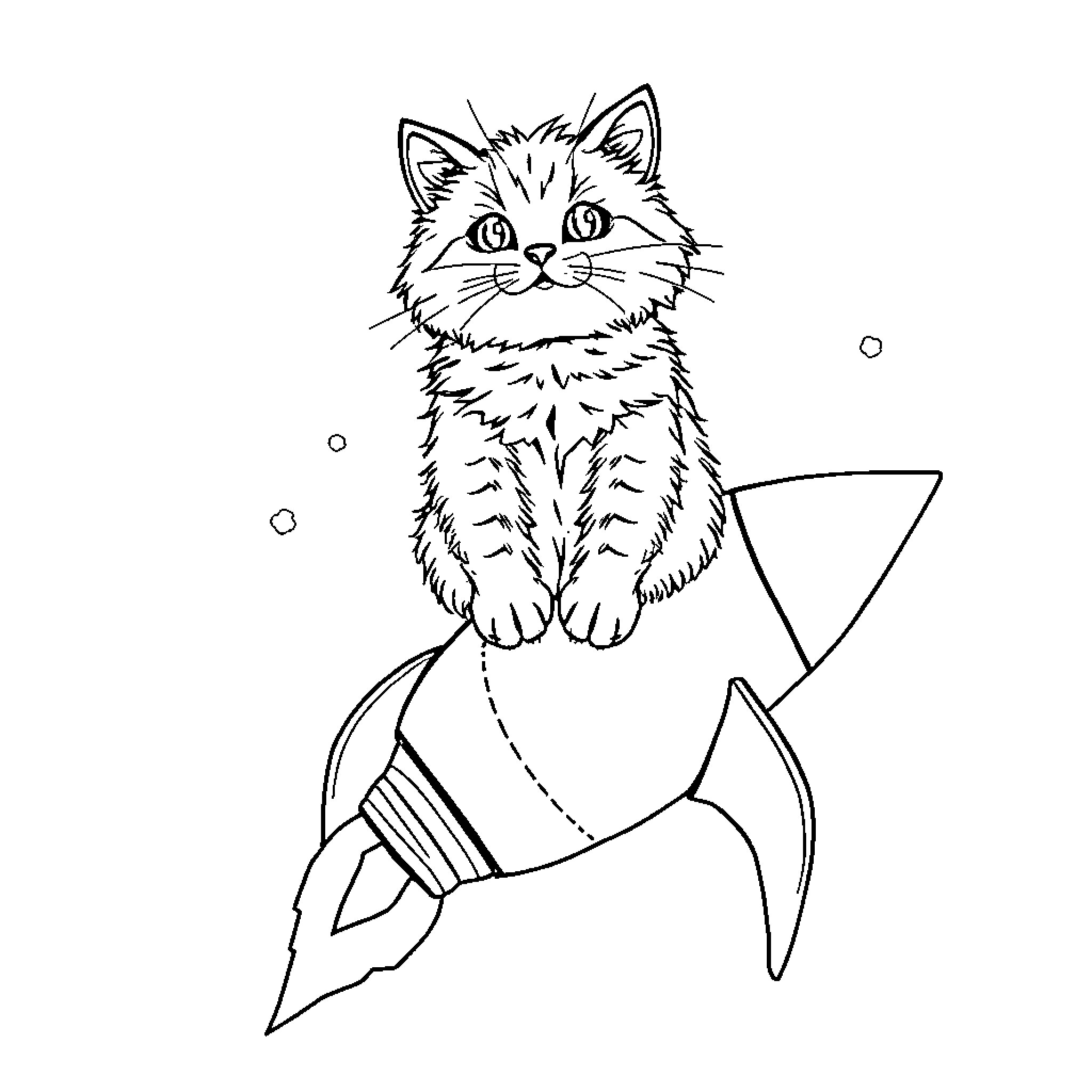 Cat riding a rocket ship Coloring Page (free black-and-white line drawing printable PDF for all, from beginners to advanced learners, including children, teens, adults, and seniors)