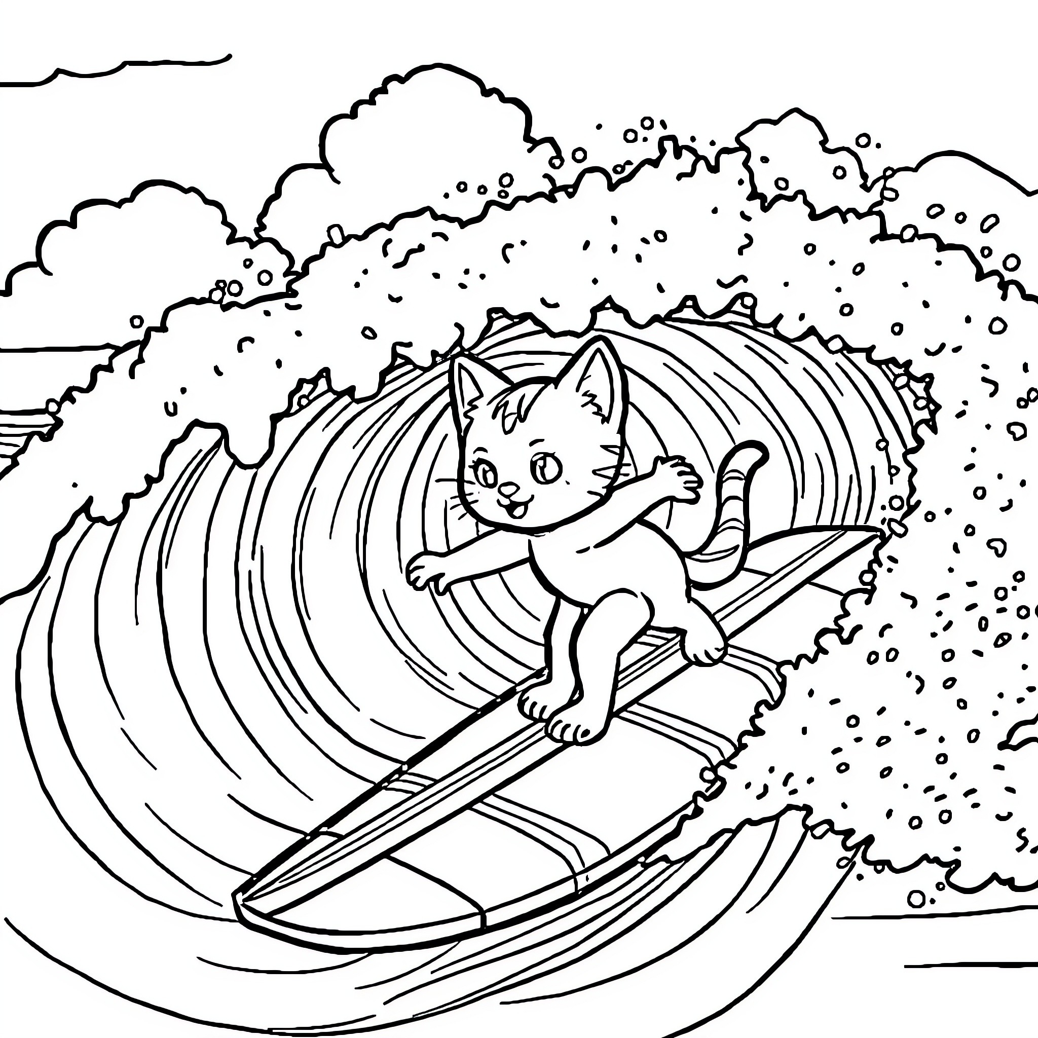 Cat surfing the big wave Coloring Page (free black-and-white line drawing printable PDF for all, from beginners to advanced learners, including children, teens, adults, and seniors)